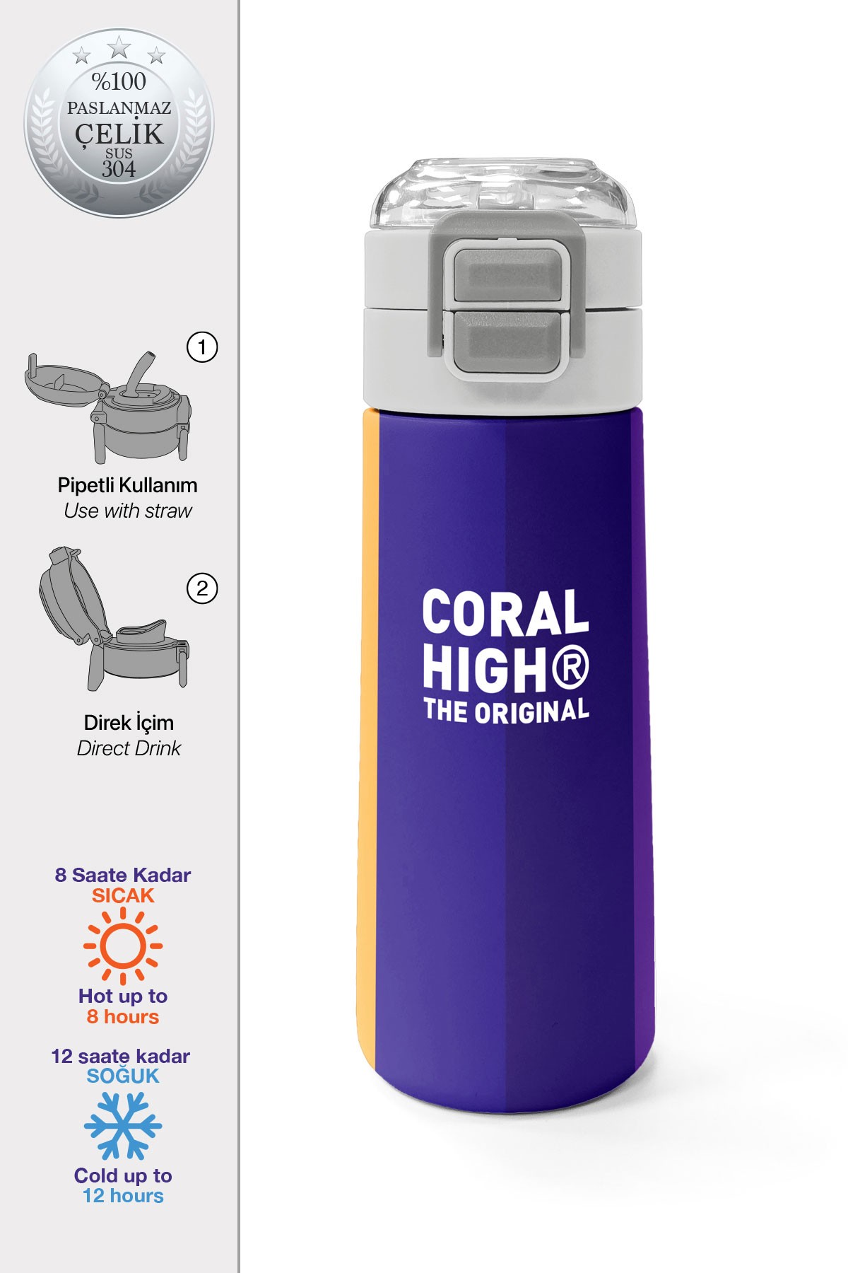 Coral High Kids Renkli Çizgili Desenli Pipetli ve Direkt İçim Çelik Termos 500 ml 31874