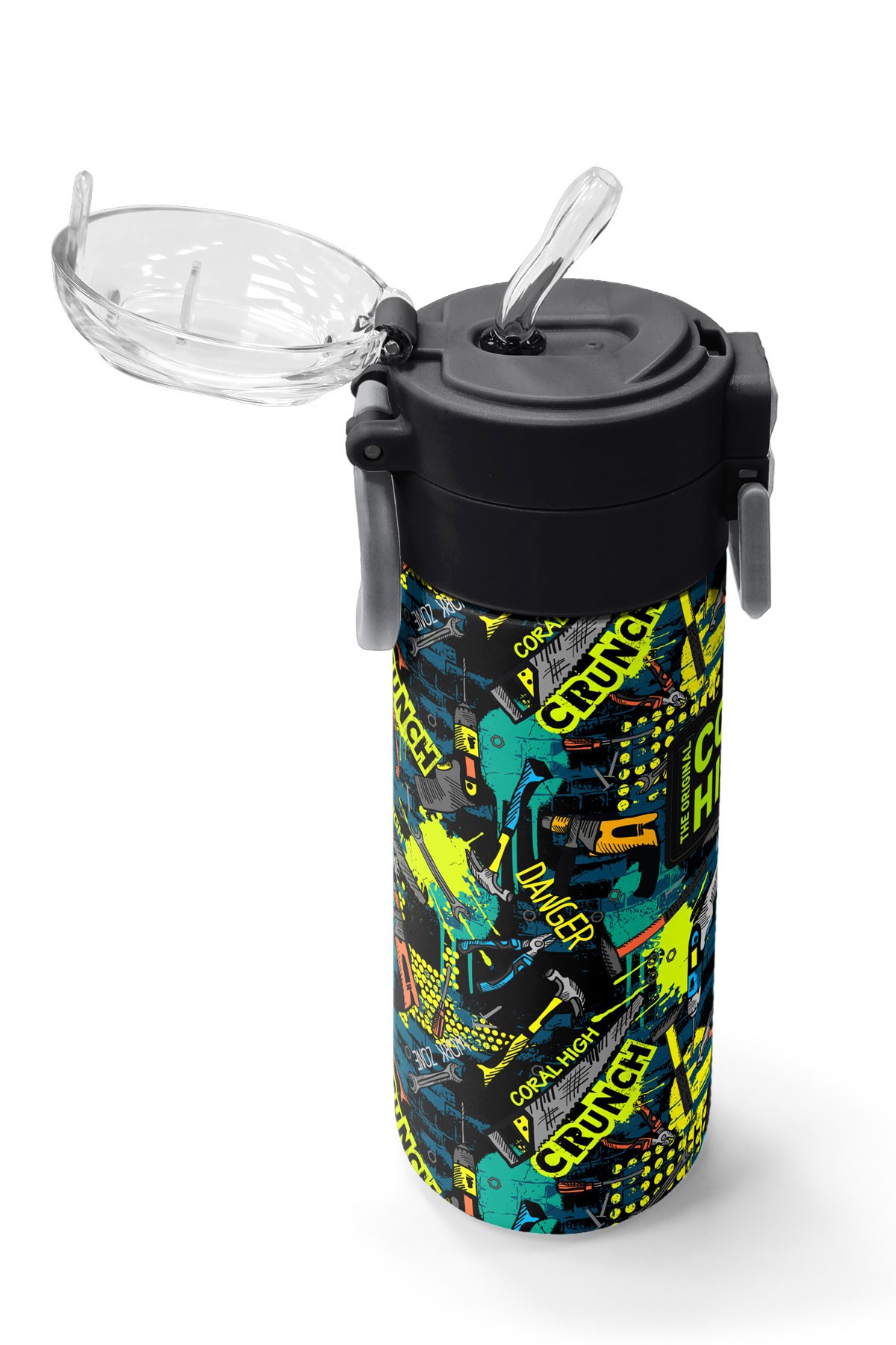Coral High Kids Nefti Siyah Tamir Seti Desenli Pipetli ve Direkt İçim Çelik Termos 500 ml 31974