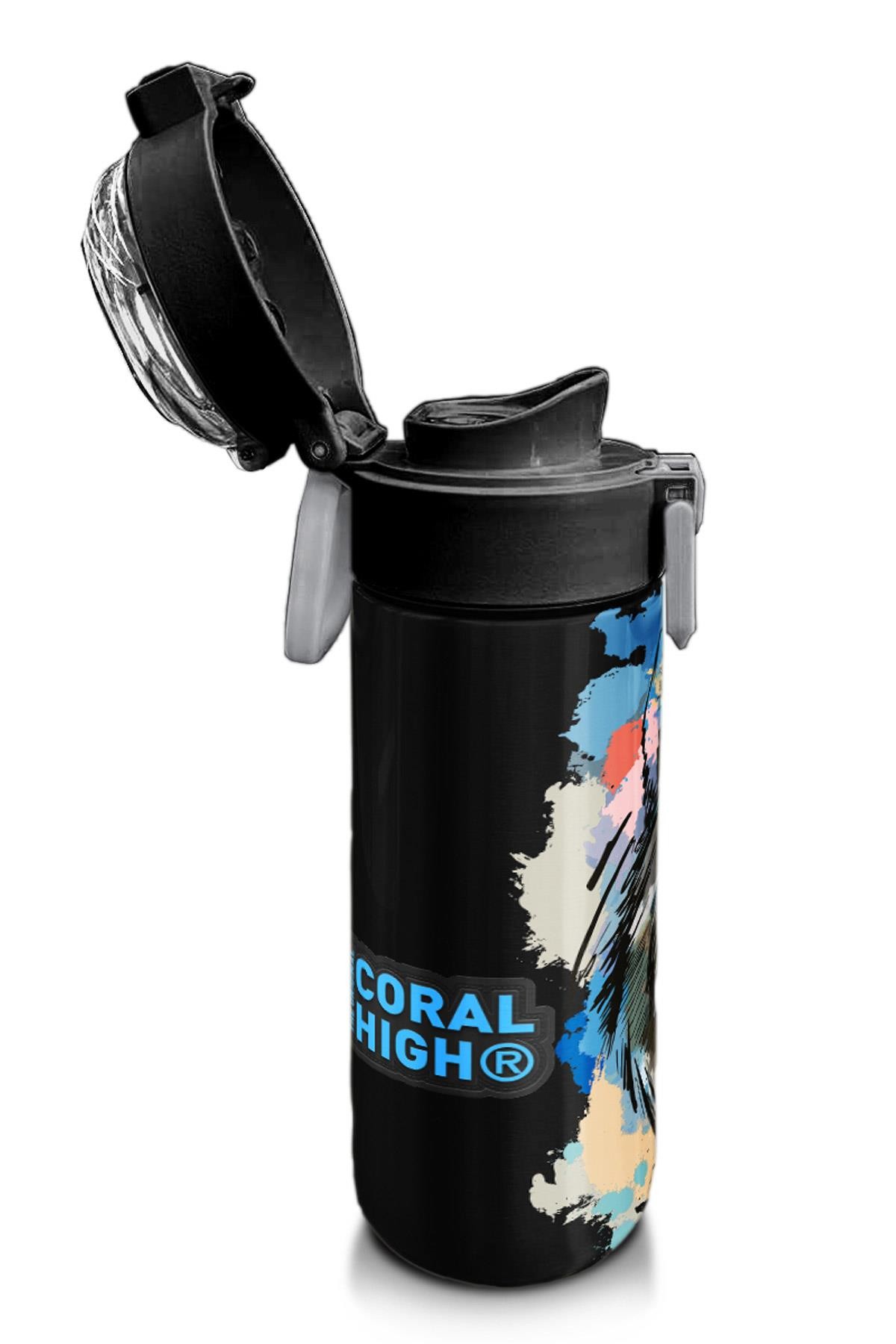 Coral High Kids Gri Siyah Kurt Desenli Pipetli ve Direkt İçim Çelik Termos 500 ml 31832