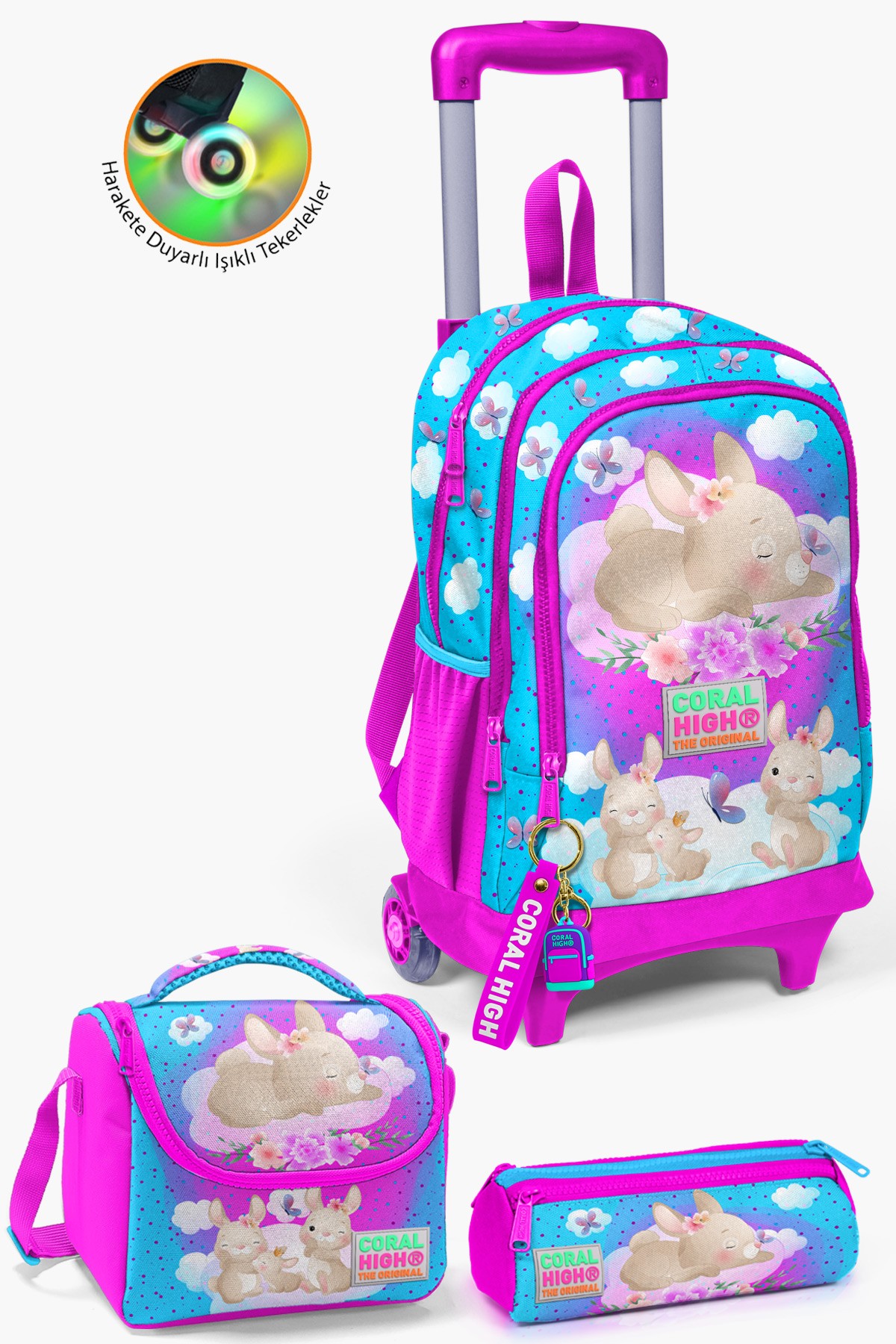 Coral High Kids Mavi Pembe Tavşan Desenli Çekçekli 3'lü Çanta Seti SET0123936