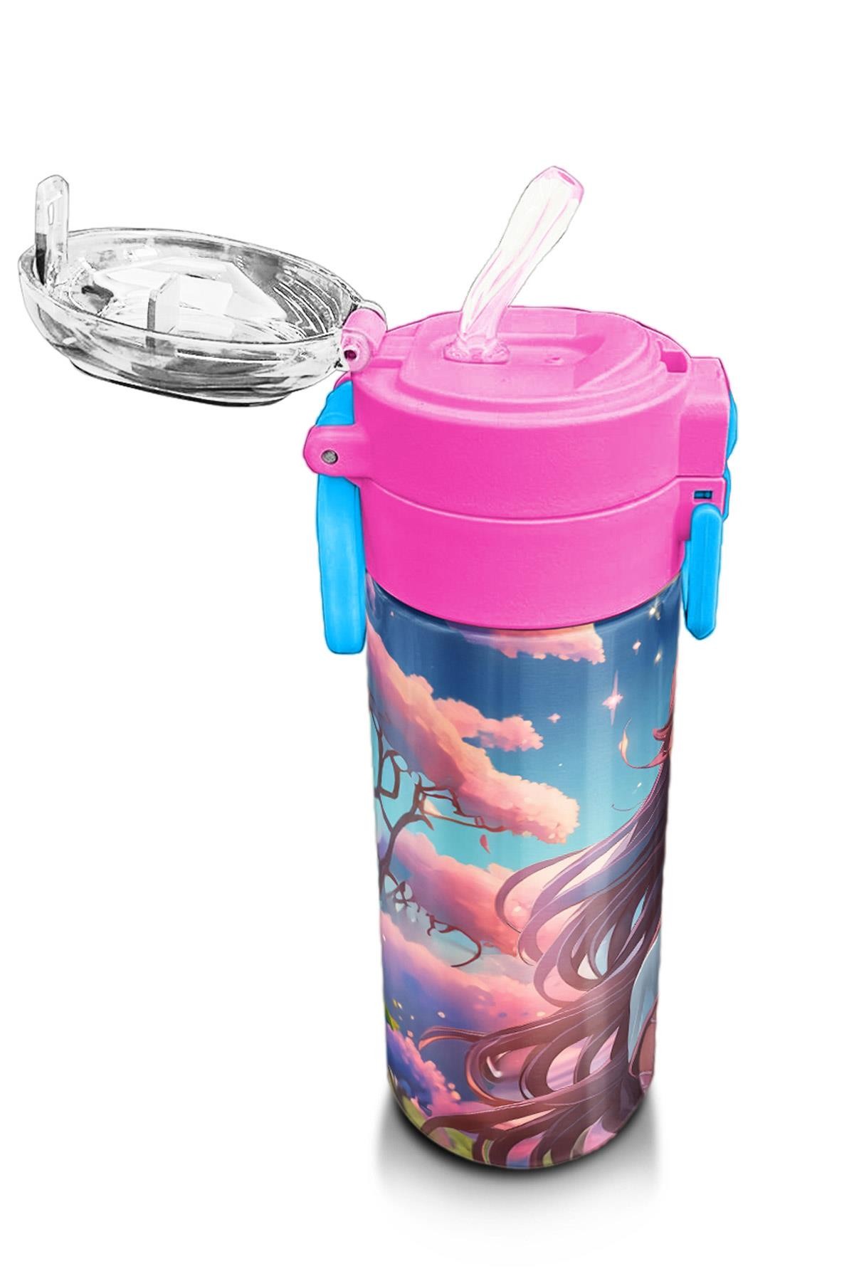 Coral High Kids Turkuaz Pembe Anime Kız Desenli Pipetli ve Direkt İçim Çelik Termos 500 ml 31858
