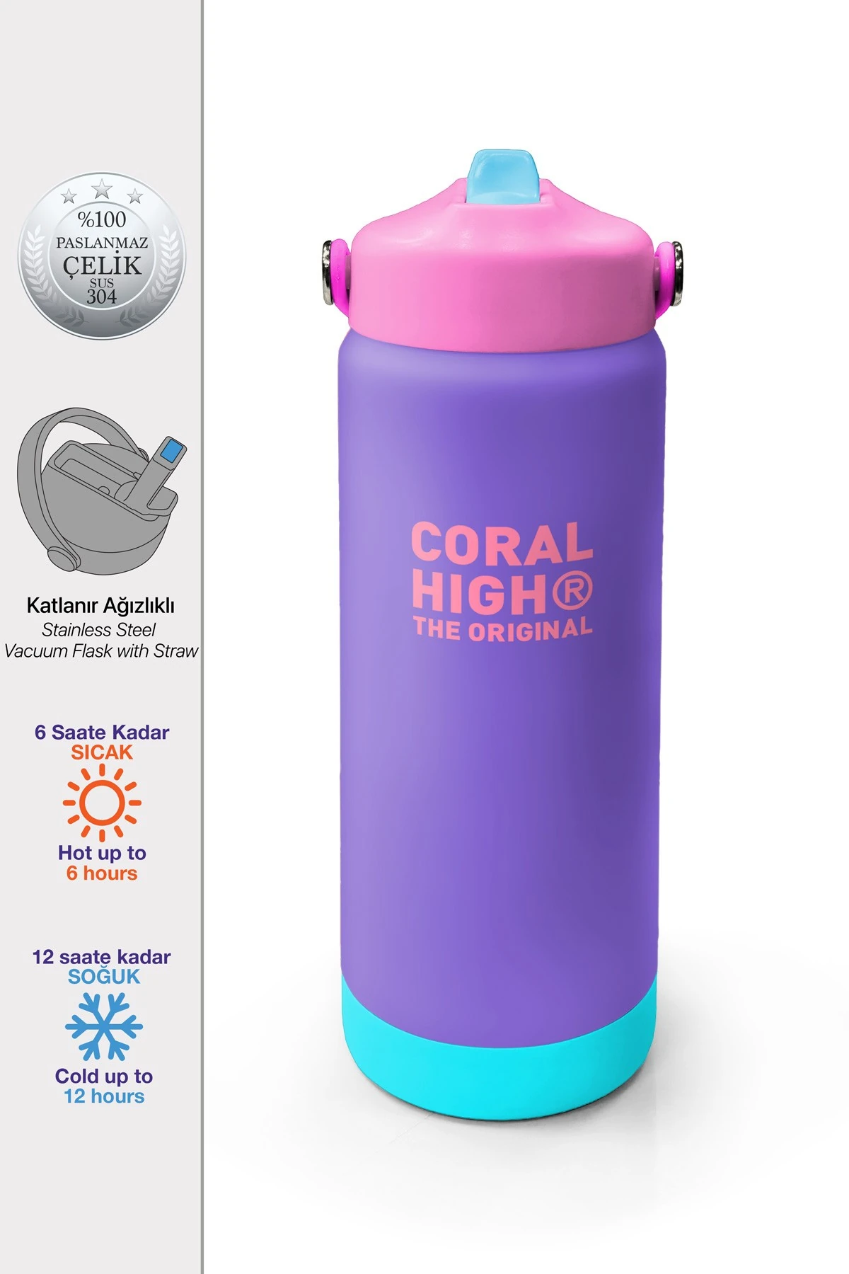 Coral High Mor Katlanır Ağızlıklı Çelik Termos 650 ml