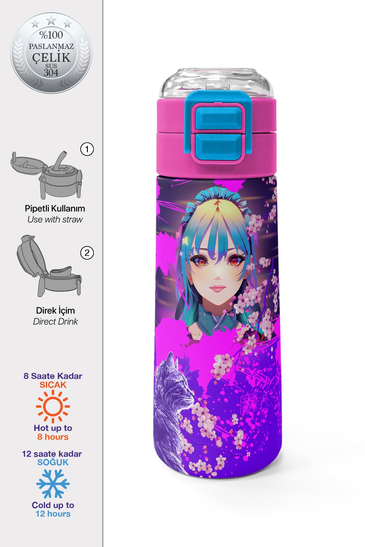 Coral High Kids Mor Pembe Anime Kedi Desenli Pipetli ve Direkt İçim Çelik Termos 500 ml 31954