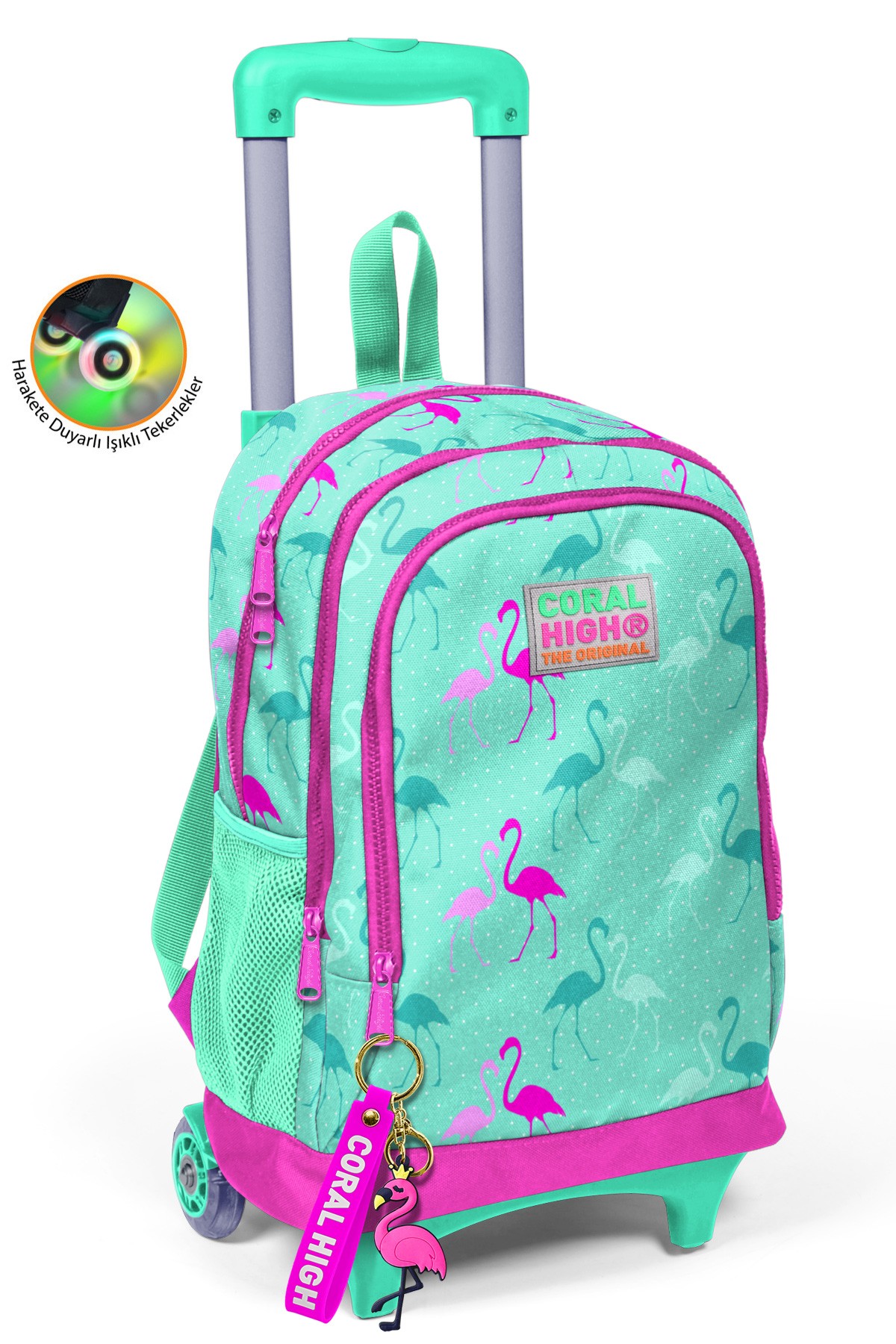 Coral High Kids Su Yeşili Neon Pembe Flamingo Desenli Üç Bölmeli Çekçekli Okul Sırt Çantası 23131