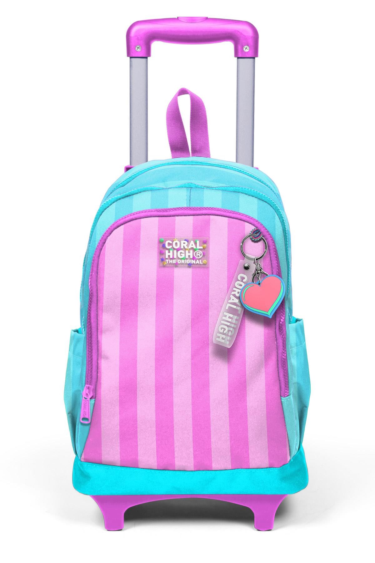 Coral High Kids Turkuaz Pembe Çizgili Üç Bölmeli Çekçekli Okul Sırt Çantası 23971