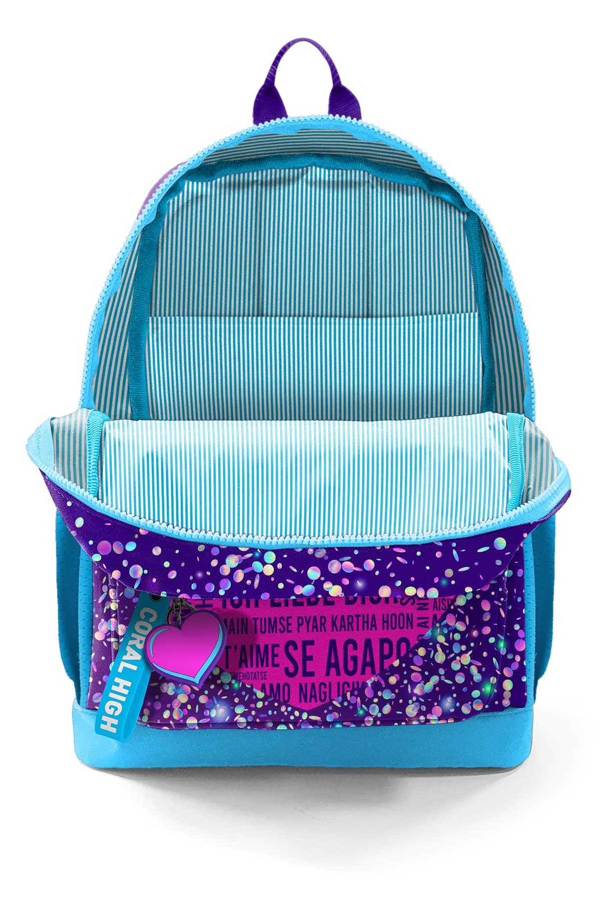 Coral High Kids Mor Mavi Pembe Kalp Desenli Dört Bölmeli Okul Sırt Çantası 23740