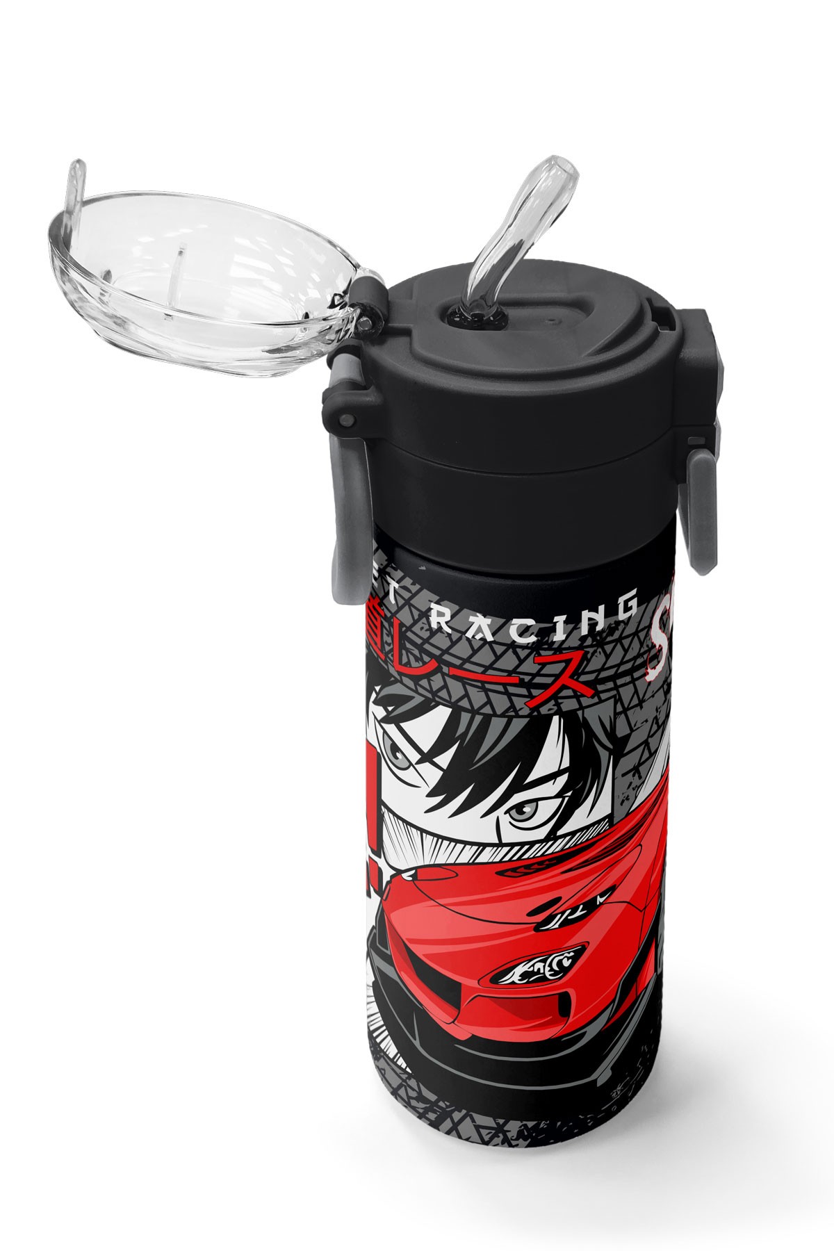 Coral High Kids Siyah Kırmızı Anime Araba Desenli Pipetli ve Direkt İçim Çelik Termos 500 ml 31948