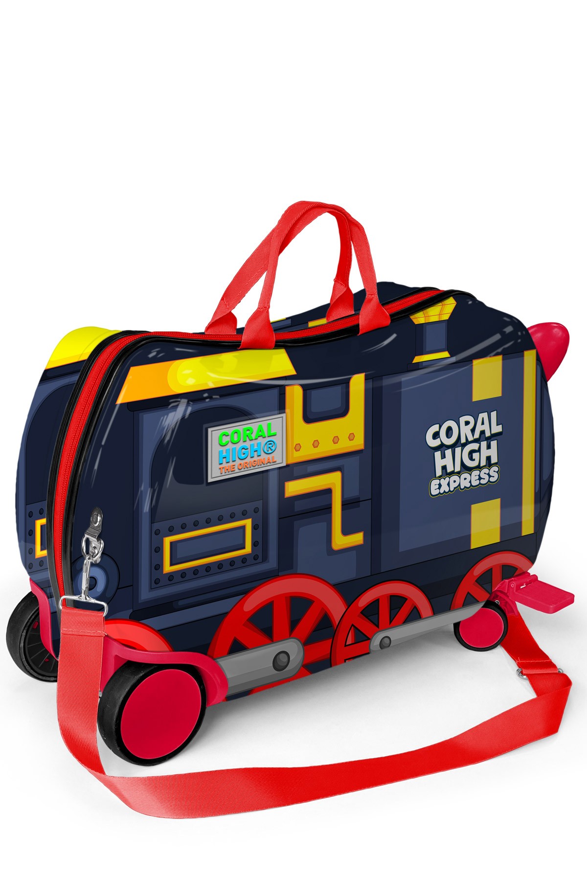 Coral High Kids Kırmızı Lacivert Tren Desenli Otur-Çek Çocuk Valizi 16366