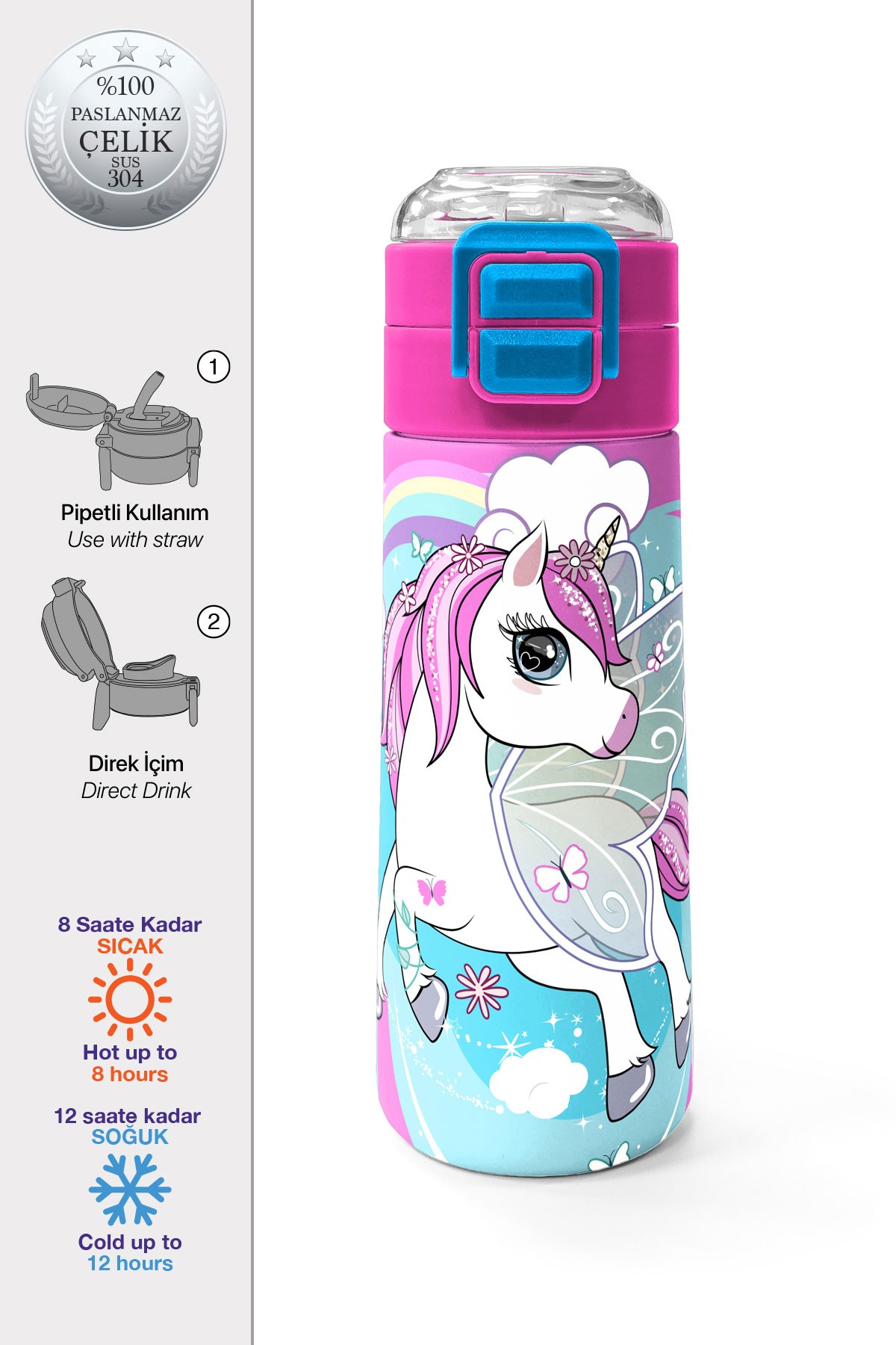 Coral High Kids Mavi Neon Pembe Unicorn Desenli Pipetli ve Direkt İçim Çelik Termos 500 ml 31925