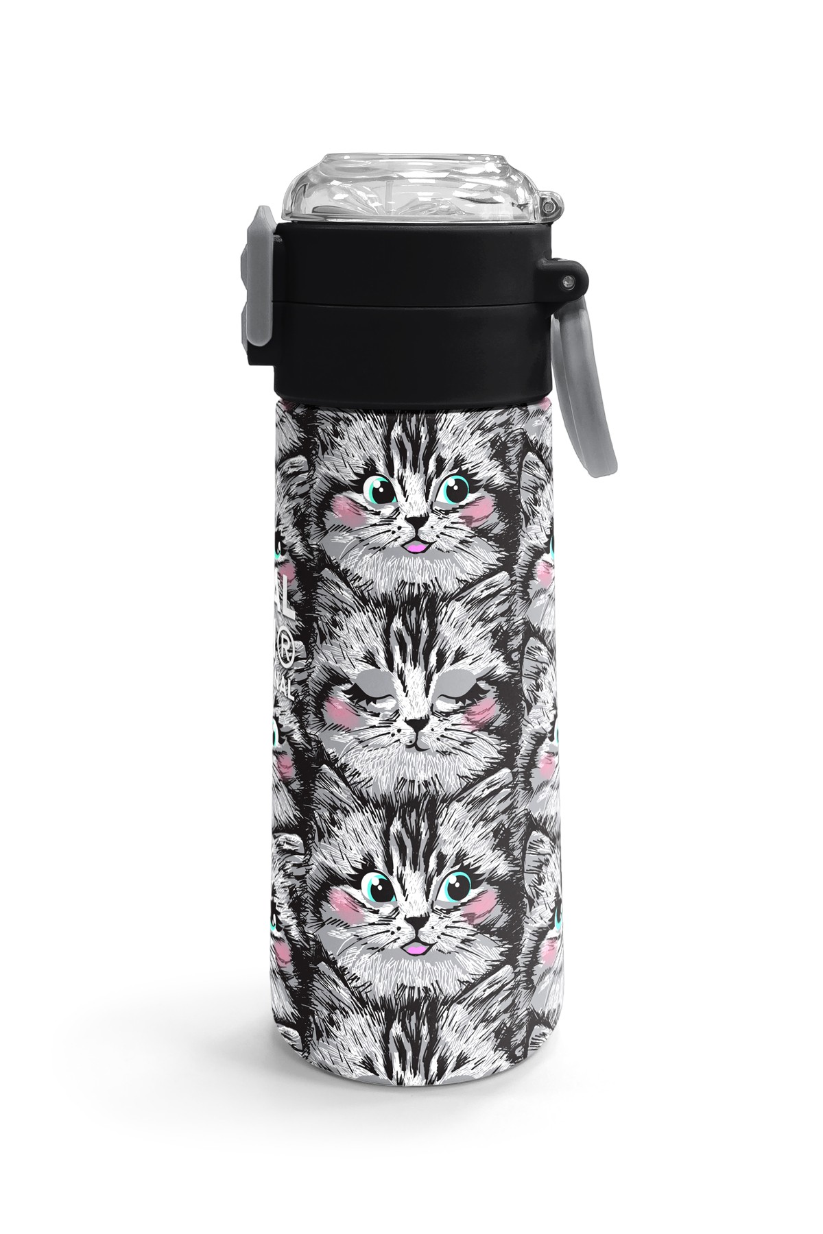 Coral High Kids Gri Kedi Desenli Pipetli ve Direkt İçim Çelik Termos 500 ml 31851