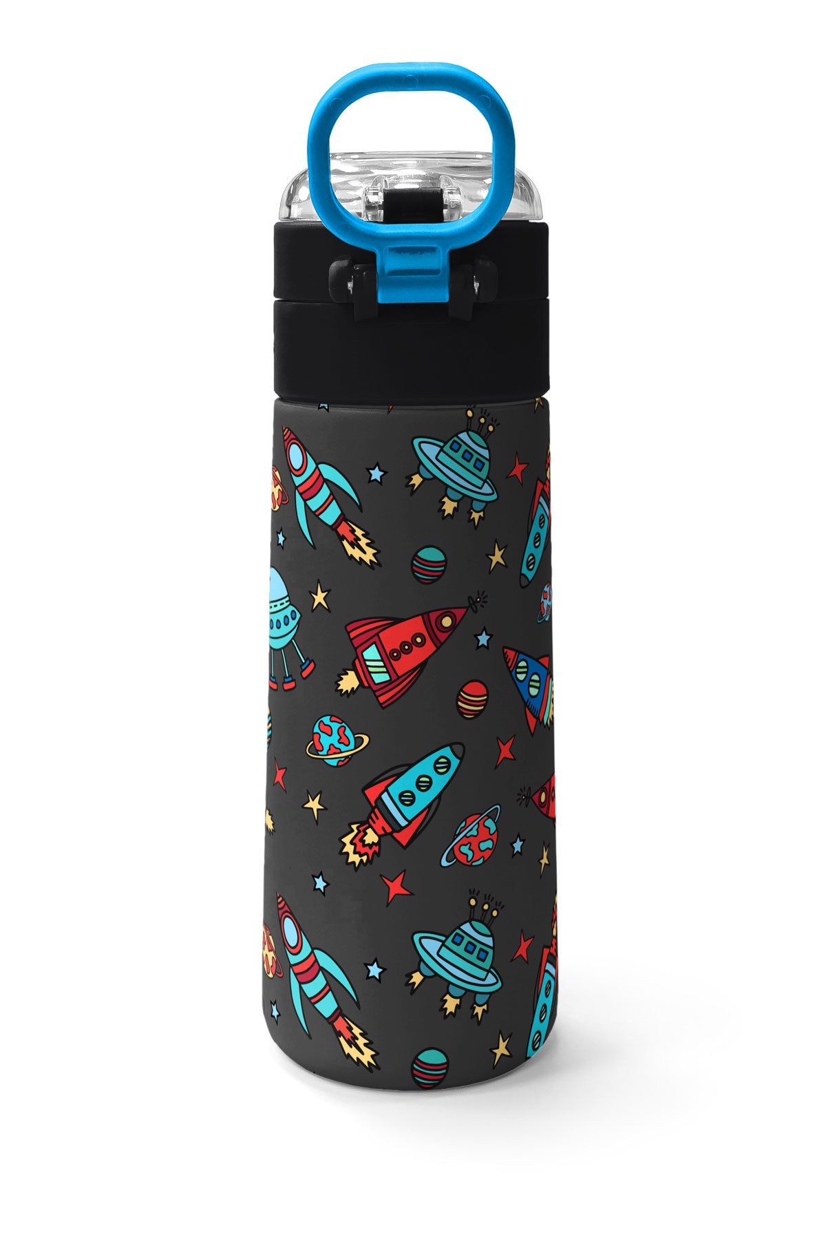 Coral High Kids Koyu Gri Kırmızı Uzay Desenli Pipetli ve Direkt İçim Çelik Termos 500 ml 31916