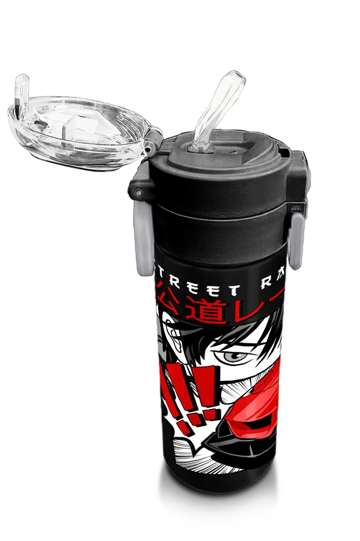 Coral High Kids Siyah Kırmızı Anime Araba Desenli Pipetli ve Direkt İçim Çelik Termos 500 ml 31948
