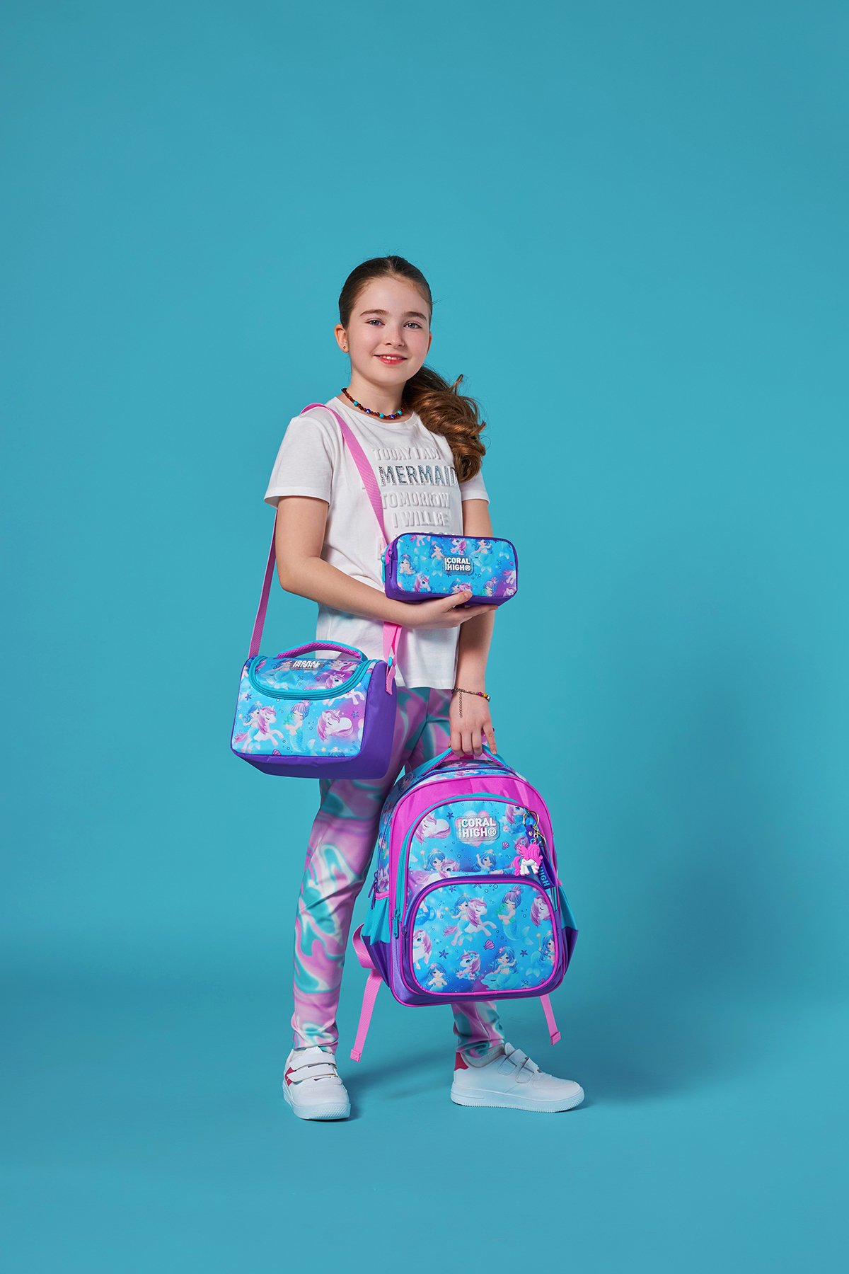 Coral High Kids Mor Pembe Unicorn Deniz Kızı Desenli 3'lü Okul Çanta Seti SET0123657