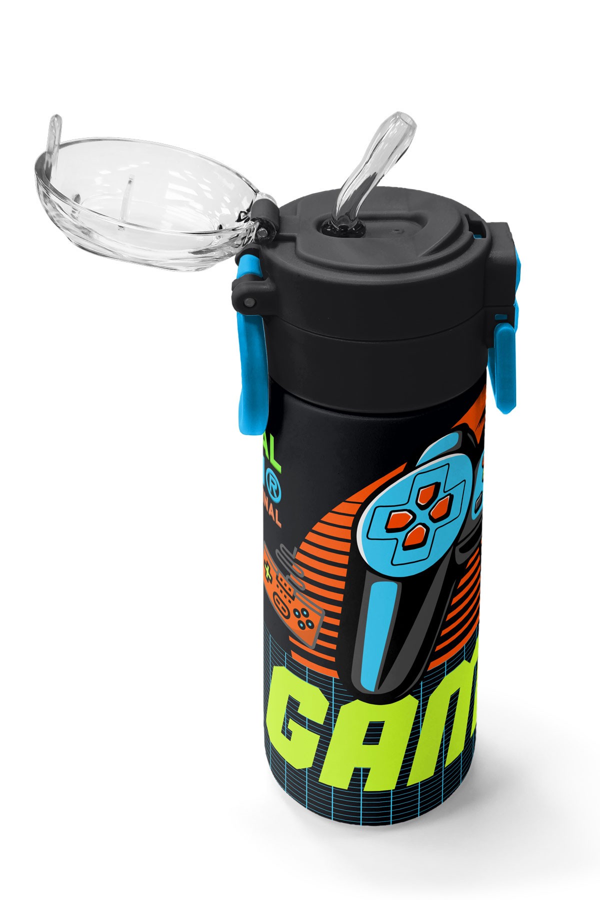 Coral High Kids Gri Turuncu Gamer Desenli Pipetli ve Direkt İçim Çelik Termos 500 ml 31947