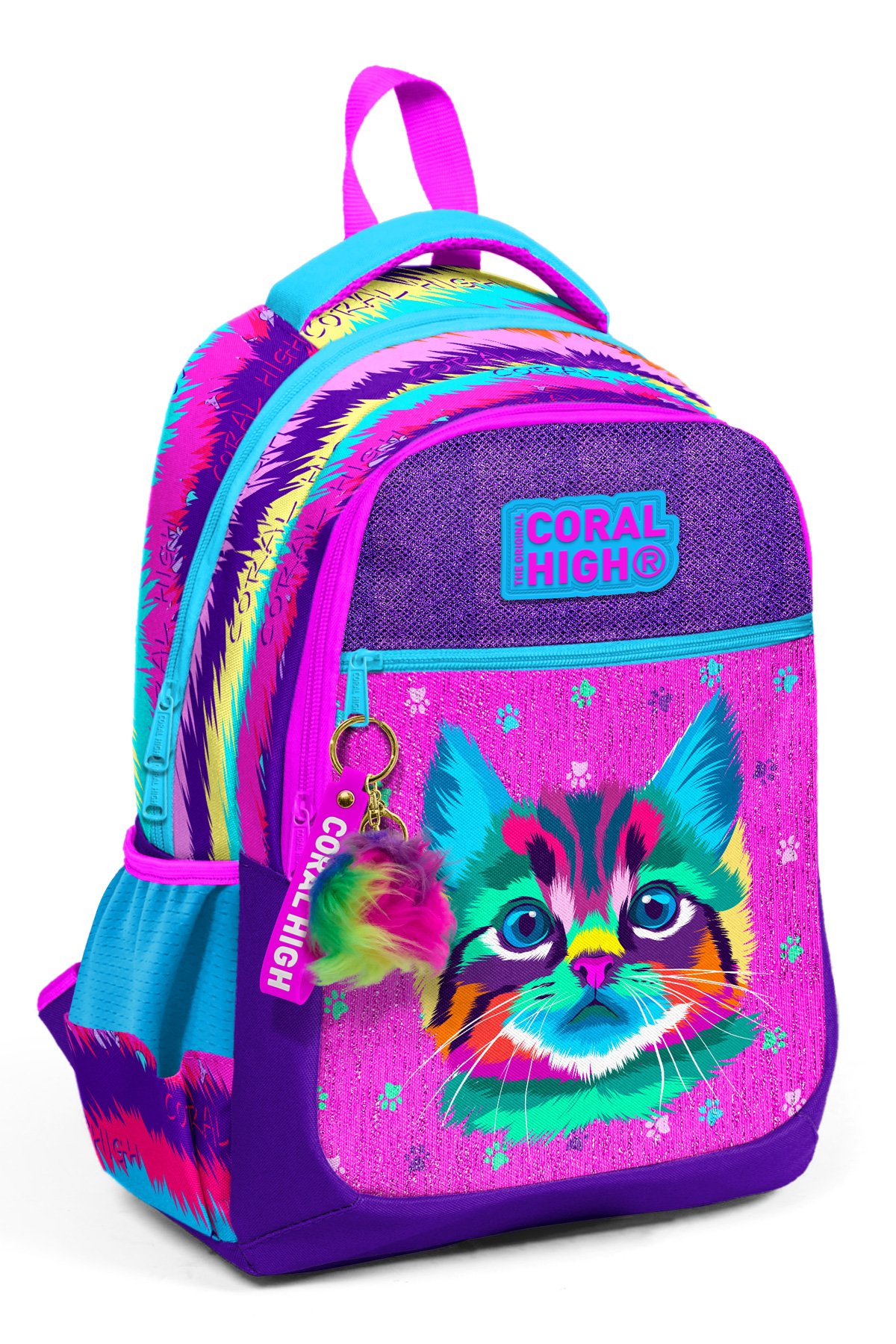 Coral High Kıds Mor Pembe Kedi Desenli Üç Bölmeli Okul Sırt Çantası 23477