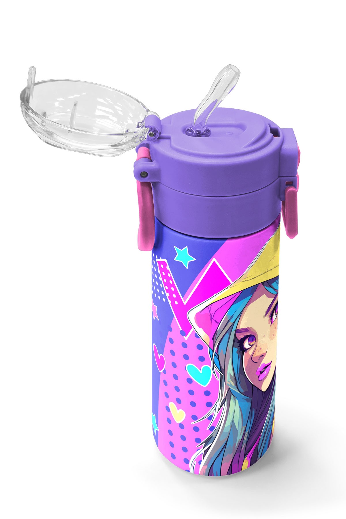 Coral High Kids Lavanta Turkuaz Kulaklı Kız Desenli Pipetli ve Direkt İçim Çelik Termos 500 ml 31835