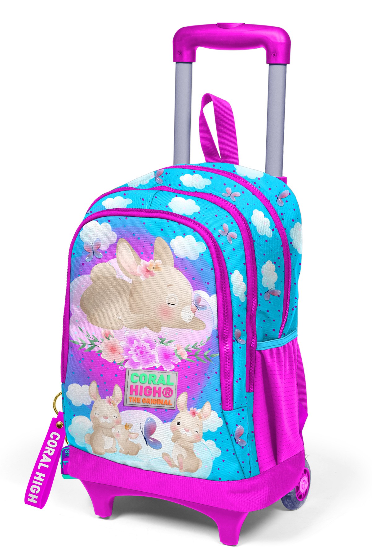 Coral High Kids Mavi Pembe Tavşan Desenli Üç Bölmeli Çekçekli Okul Sırt Çantası 23936