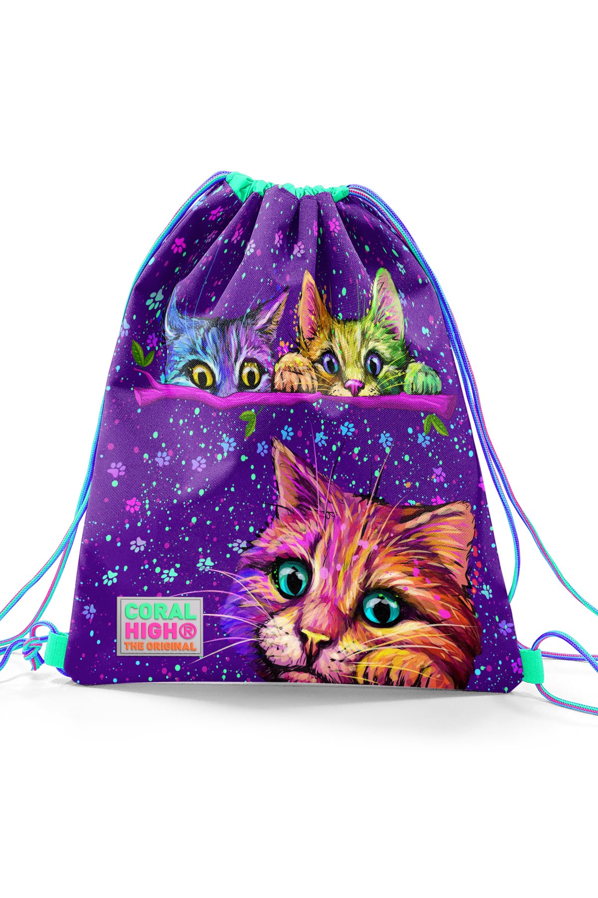 Coral High Kids Mor Pembe Kedi Desenli İpli Büzgülü Sırt Çantası 22432