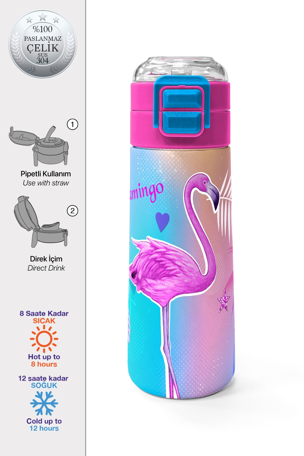 Coral High Kids Lavanta Pembe Flamingo Desenli Pipetli ve Direkt İçim Çelik Termos 500 ml 31921