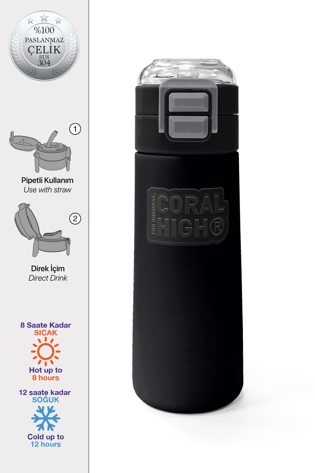 Coral High Kids Siyah Pipetli ve Direkt İçim Çelik Termos 500 ml 31827