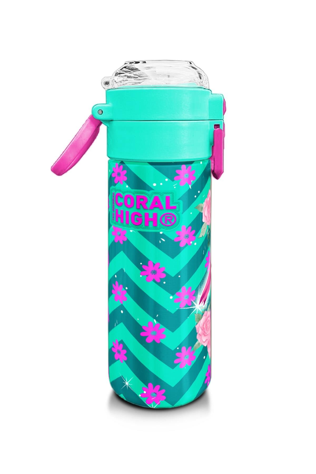 Coral High Kids Su Yeşili Pembe Flamingo Desenli Pipetli ve Direkt İçim Çelik Termos 500 ml 31820