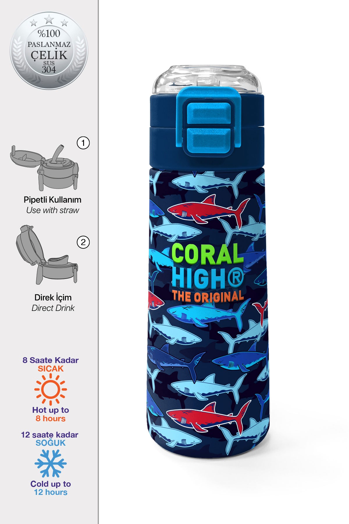 Coral High Kids Lacivert Kırmızı Köpek Balığı Desenli Pipetli ve Direkt İçim Çelik Termos 500 ml 31930