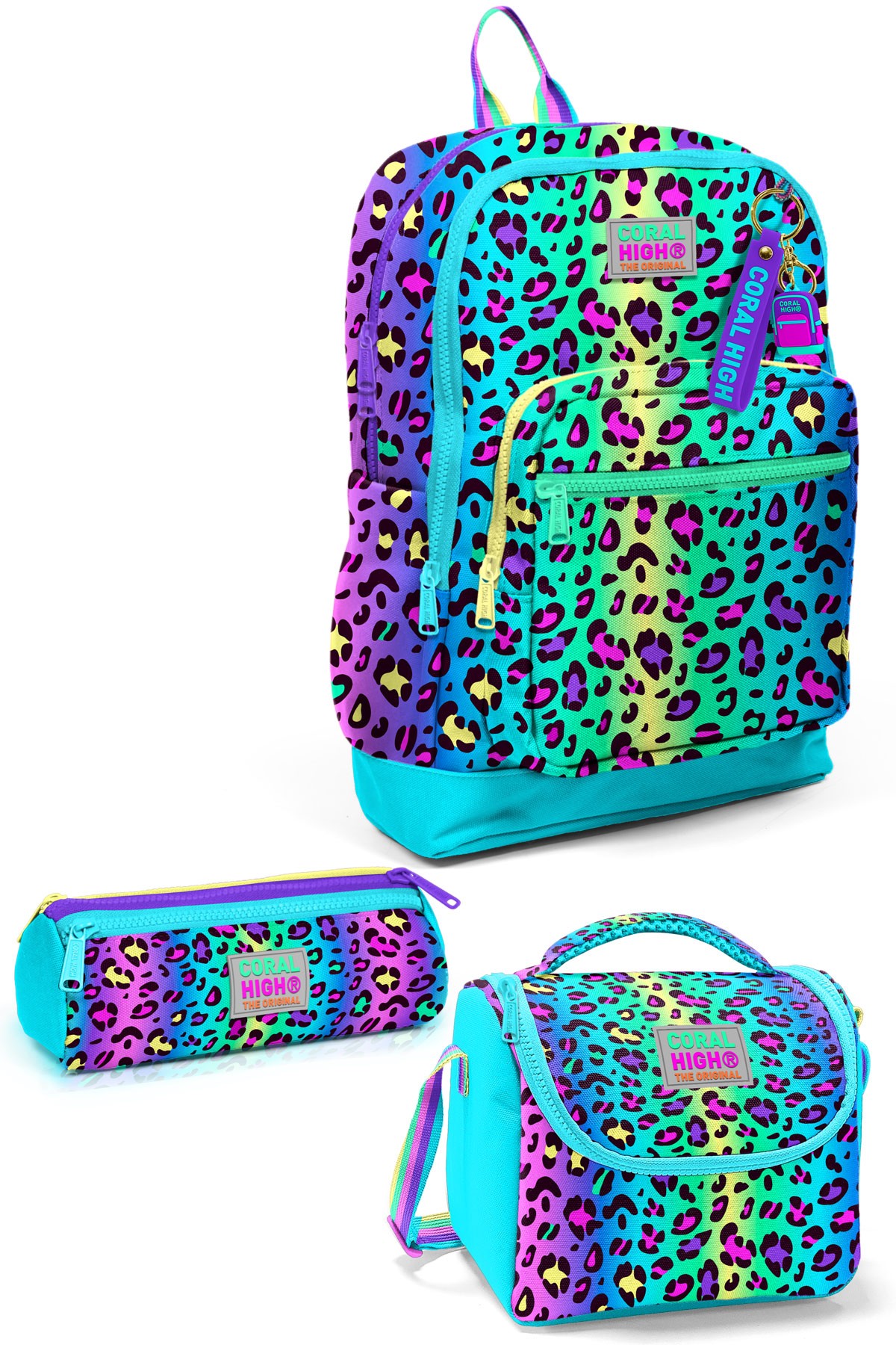 Coral High Kids Renkli Leopar Desenli 3’lü Okul Çanta Seti SET0123769