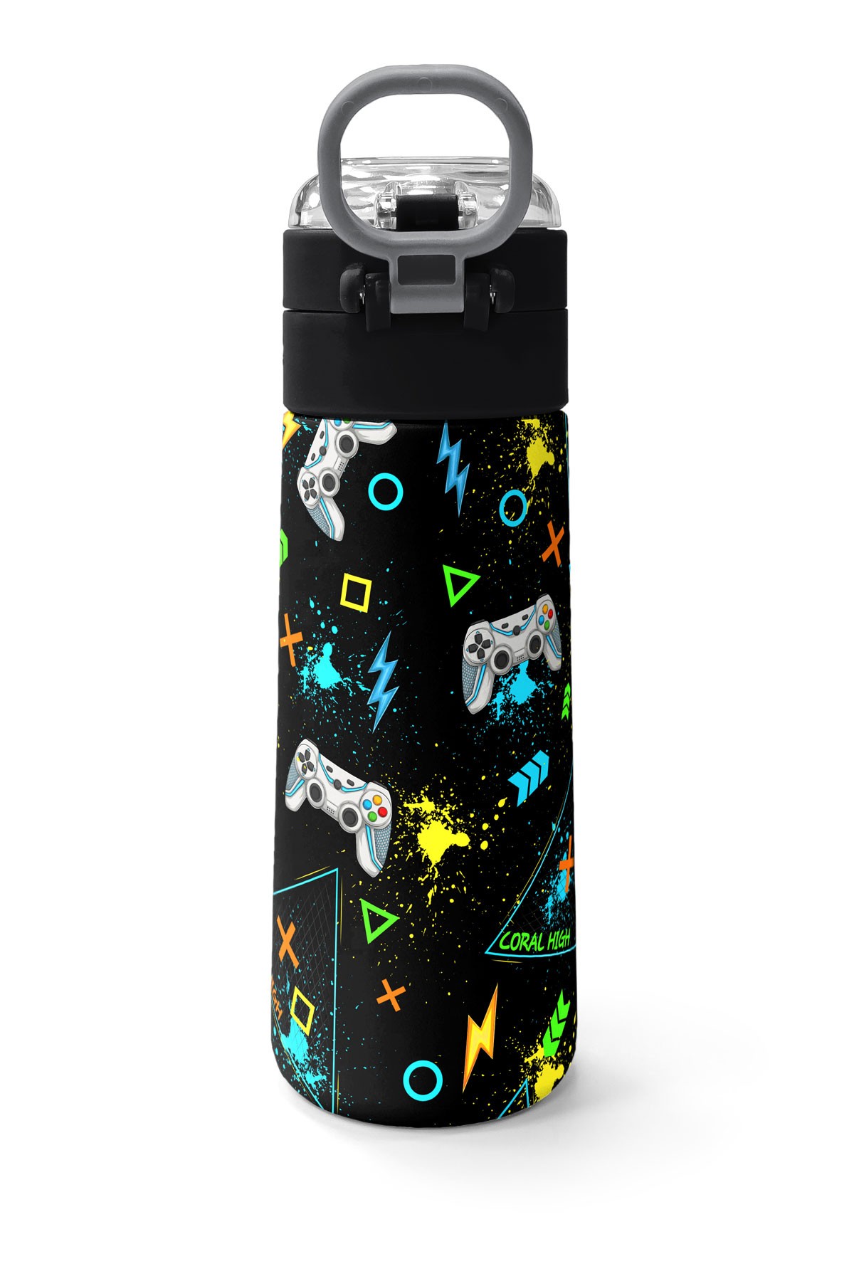 Coral High Kids Siyah Fosforlu Yeşil Gamer Desenli Pipetli ve Direkt İçim Çelik Termos 500 ml 31817