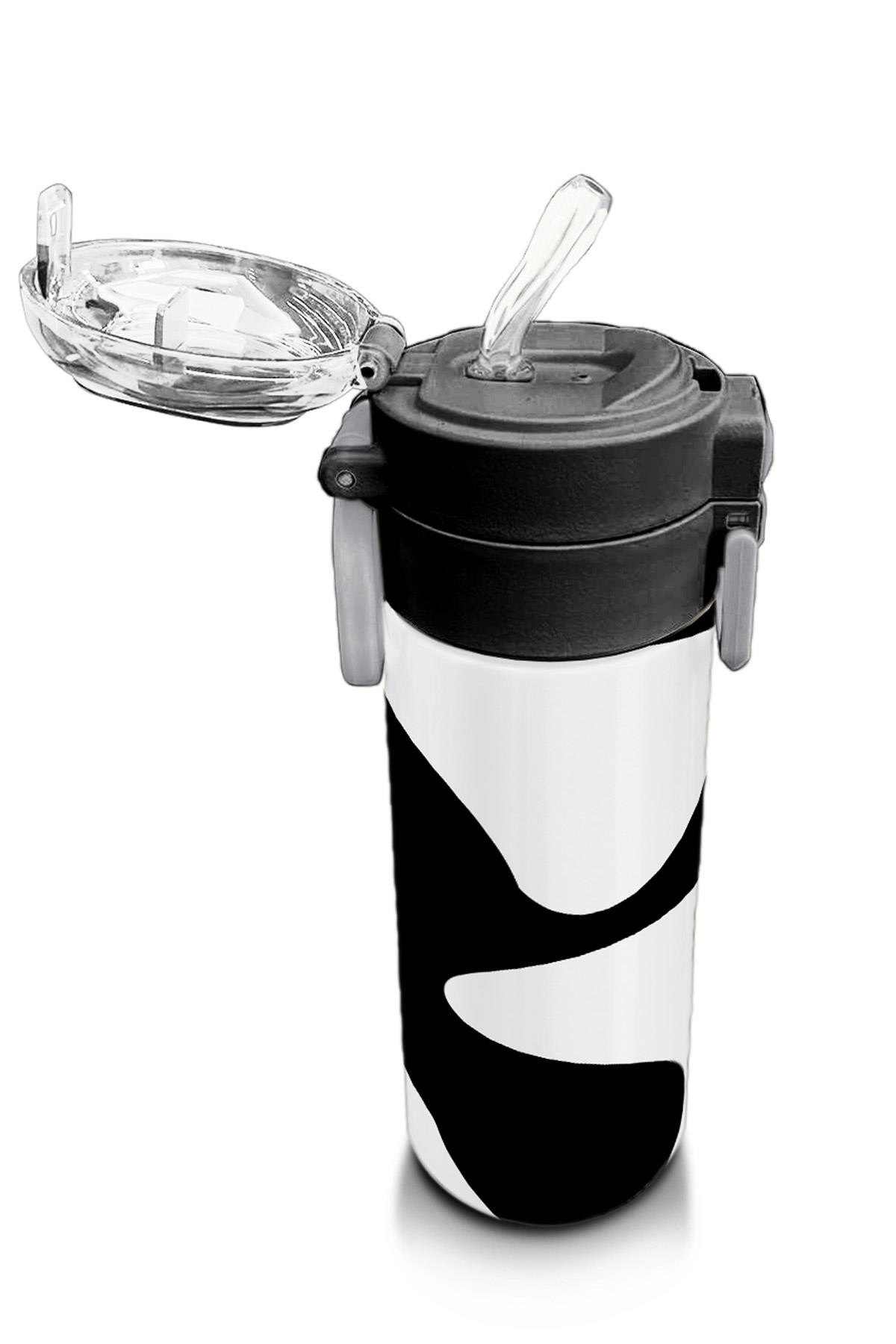 Coral High Kids Siyah Beyaz Desenli Pipetli ve Direkt İçim Çelik Termos 500 ml 31887