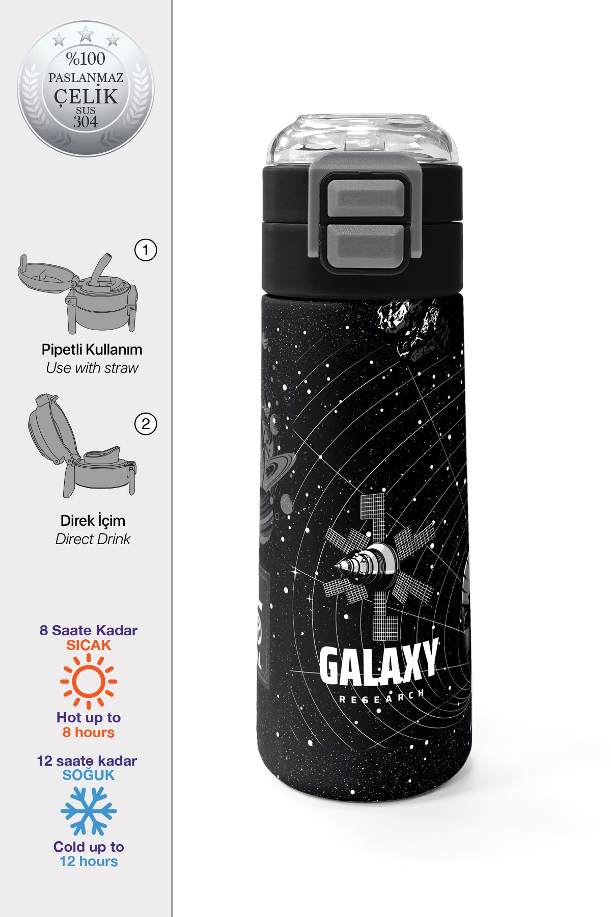 Coral High Kids Siyah Galaxy Desenli Pipetli ve Direkt İçim Çelik Termos 500 ml 31857