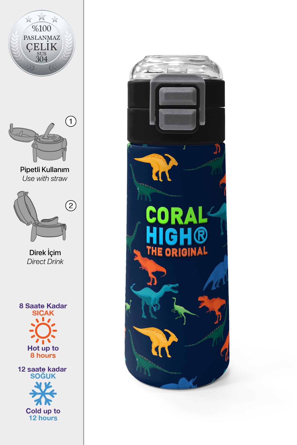 Coral High Kids Lacivert Mavi Dinozor Desenli Pipetli ve Direkt İçim Çelik Termos 500 ml 31907