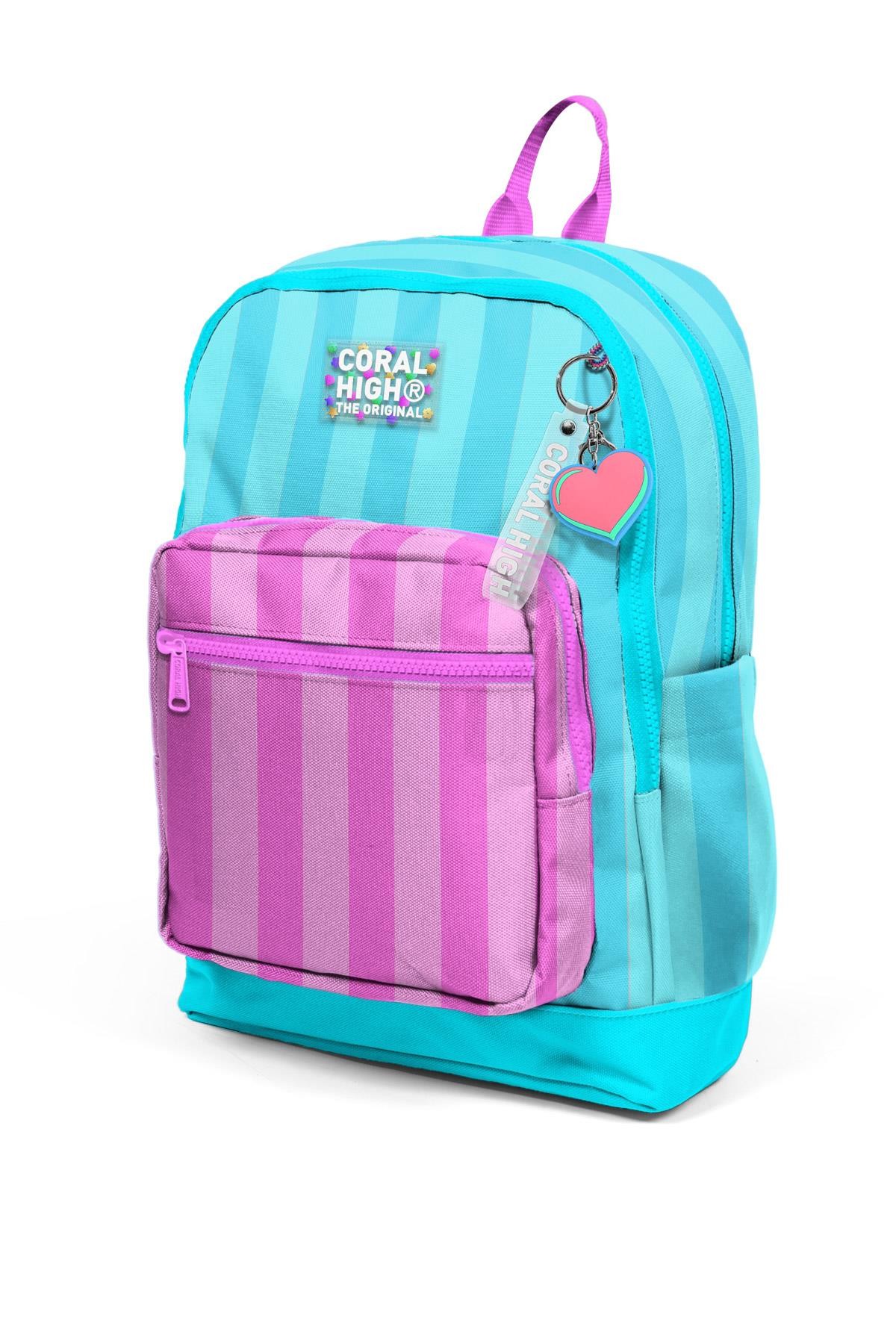 Coral High Kids Turkuaz Pembe Çizgili Dört Bölmeli Okul Sırt Çantası 23771