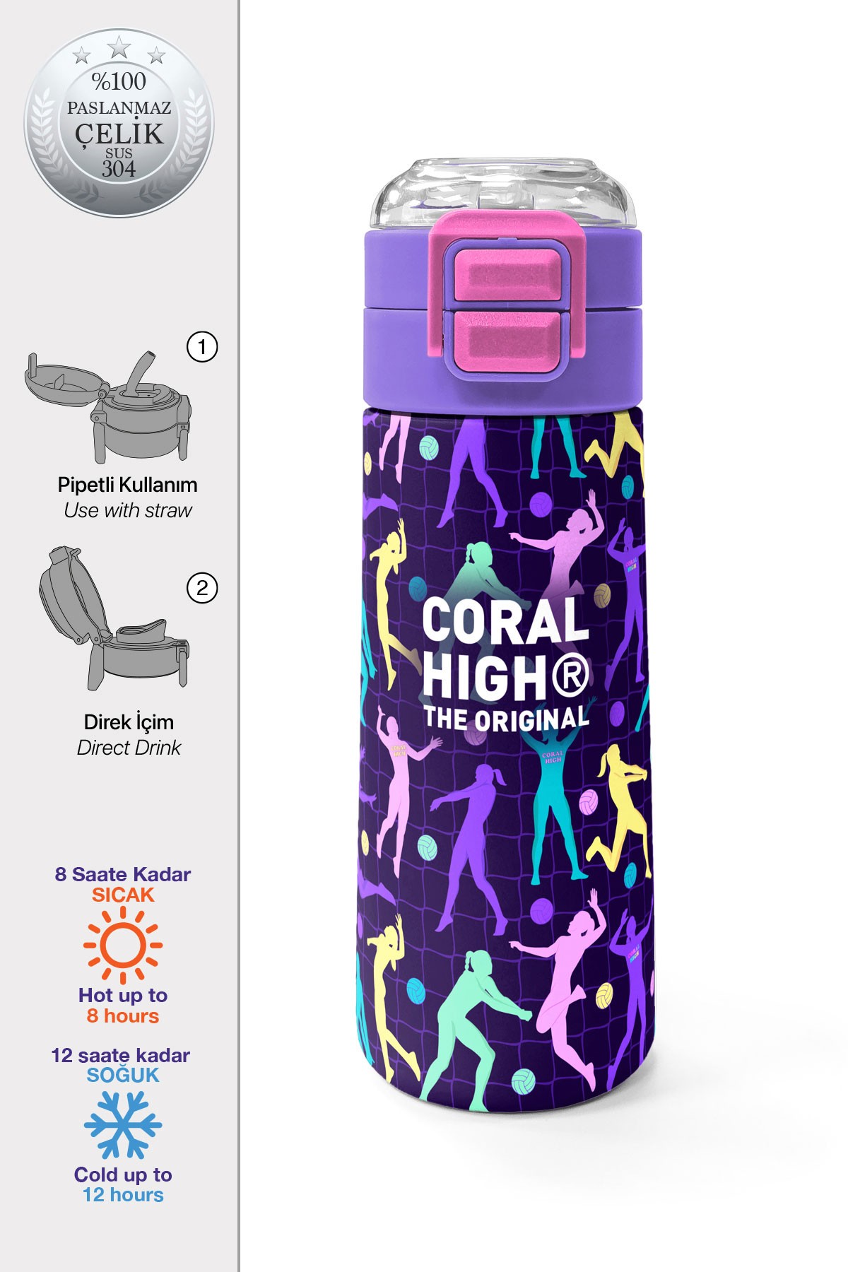 Coral High Kids Mor Voleybol Desenli Pipetli ve Direkt İçim Çelik Termos 500 ml 31849