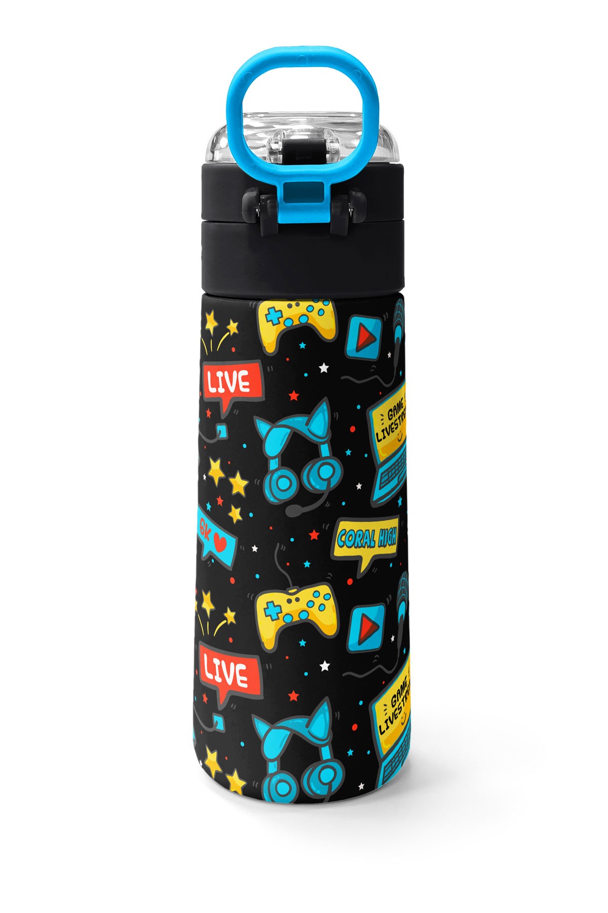 Coral High Kids Siyah Mavi Gamer Desenli Pipetli ve Direkt İçim Çelik Termos 500 ml 31984