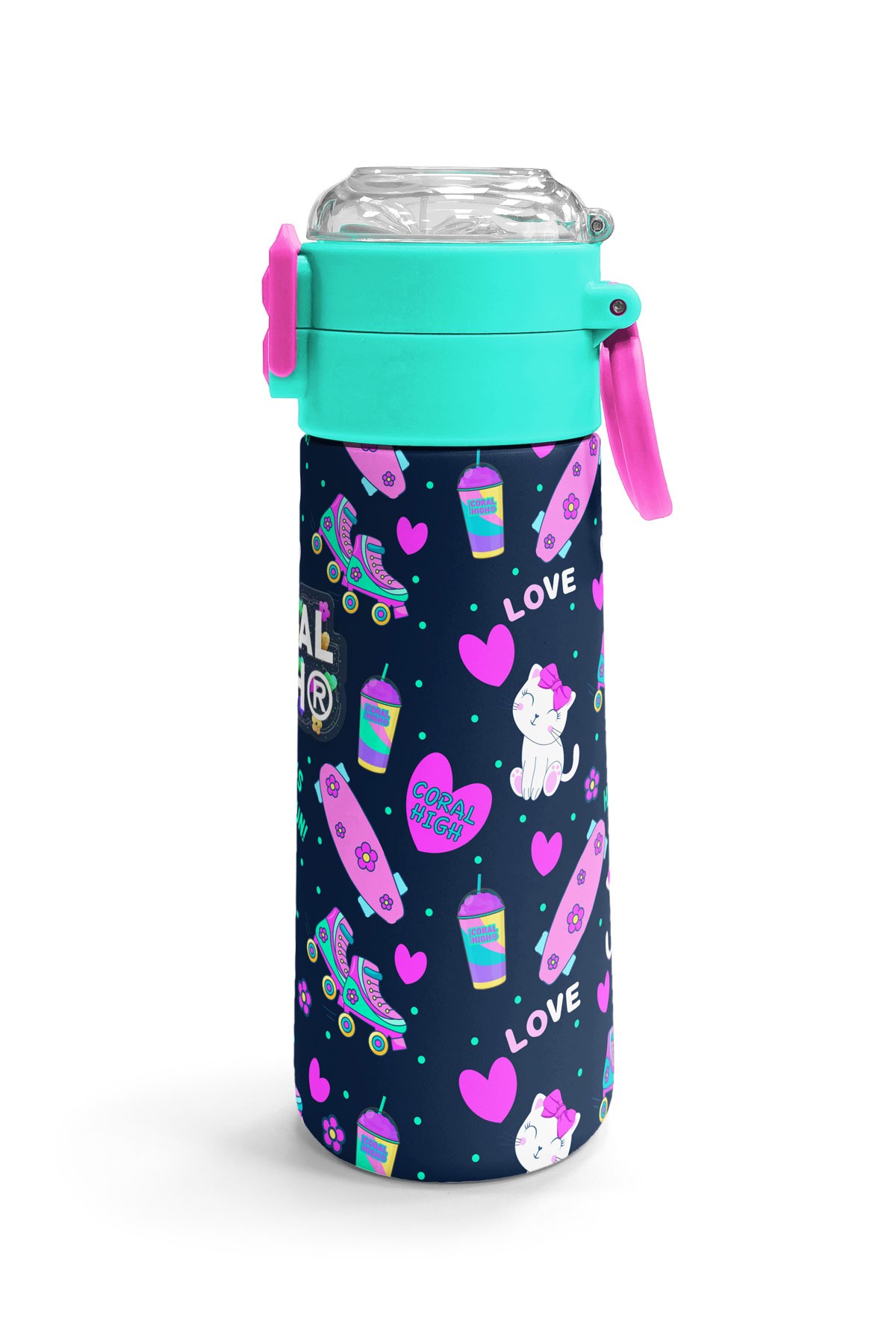 Coral High Kids Lacivert Pembe Kedili Paten Desenli Pipetli ve Direkt İçim Çelik Termos 500 ml 31983