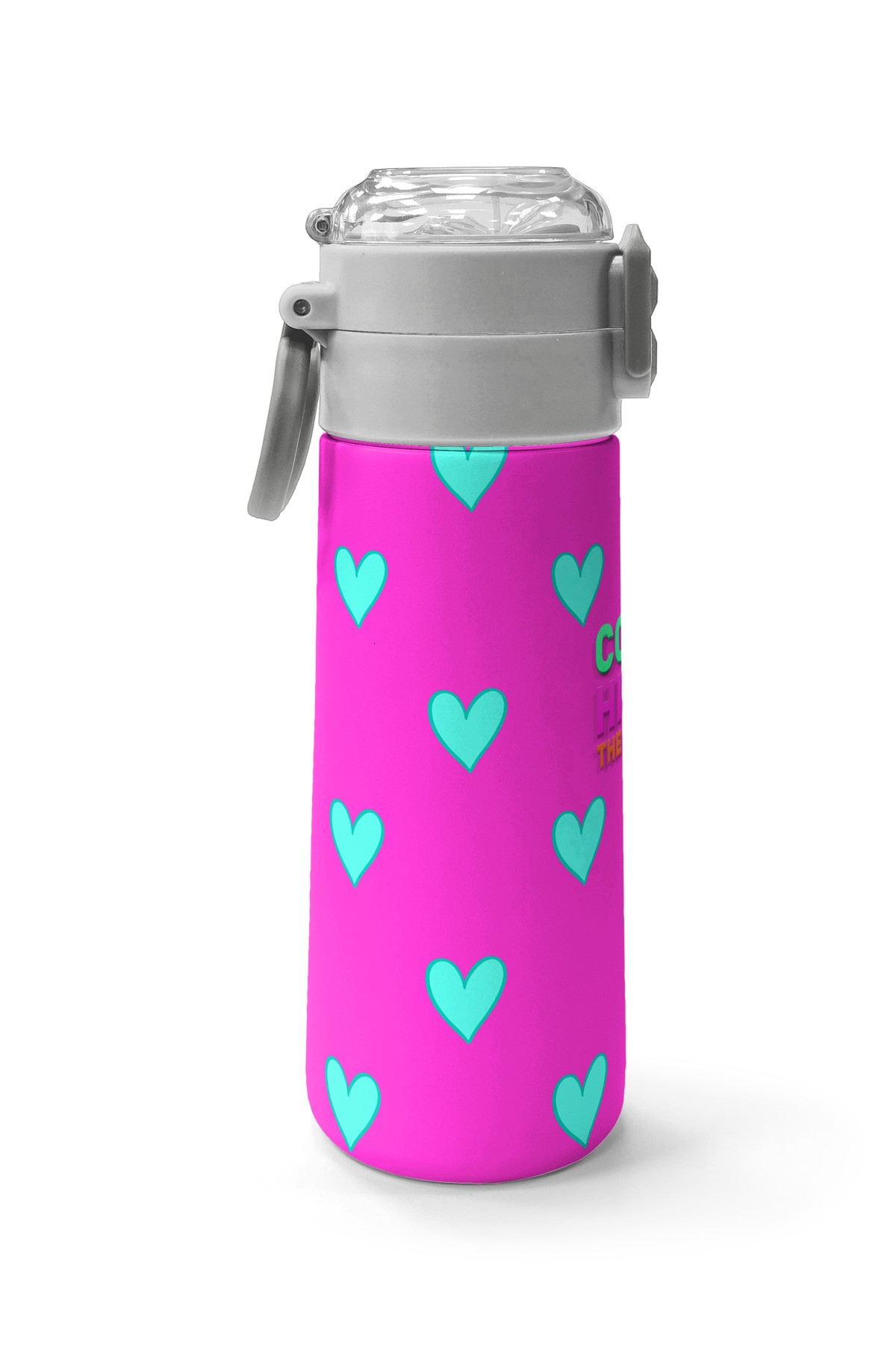 Coral High Kids Neon Pembe Su Yeşili Kalp Desenli Pipetli ve Direkt İçim Çelik Termos 500 ml 31906