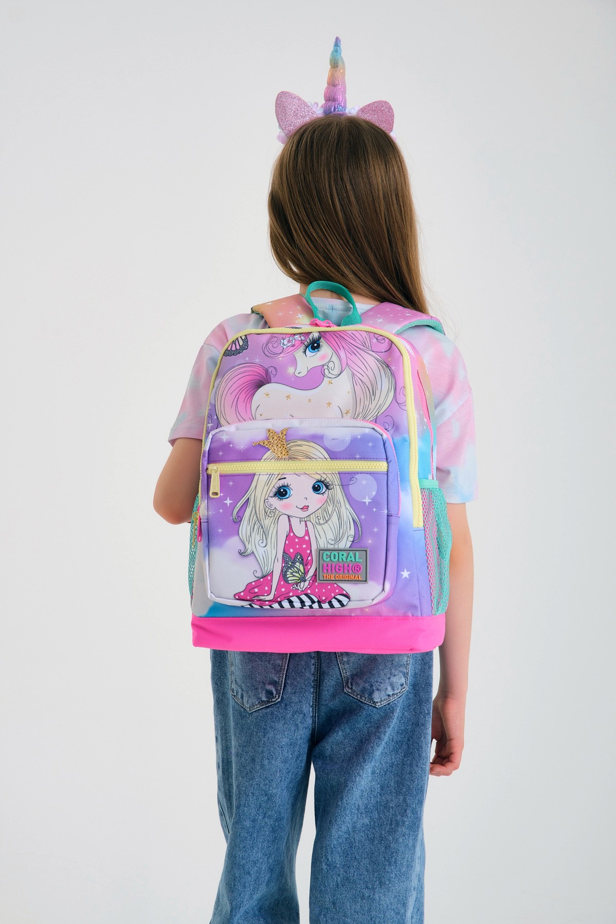 Coral High Kids Pembe Su Yeşili Unicornlu Kız Desenli Dört Bölmeli Okul Sırt Çantası 23733