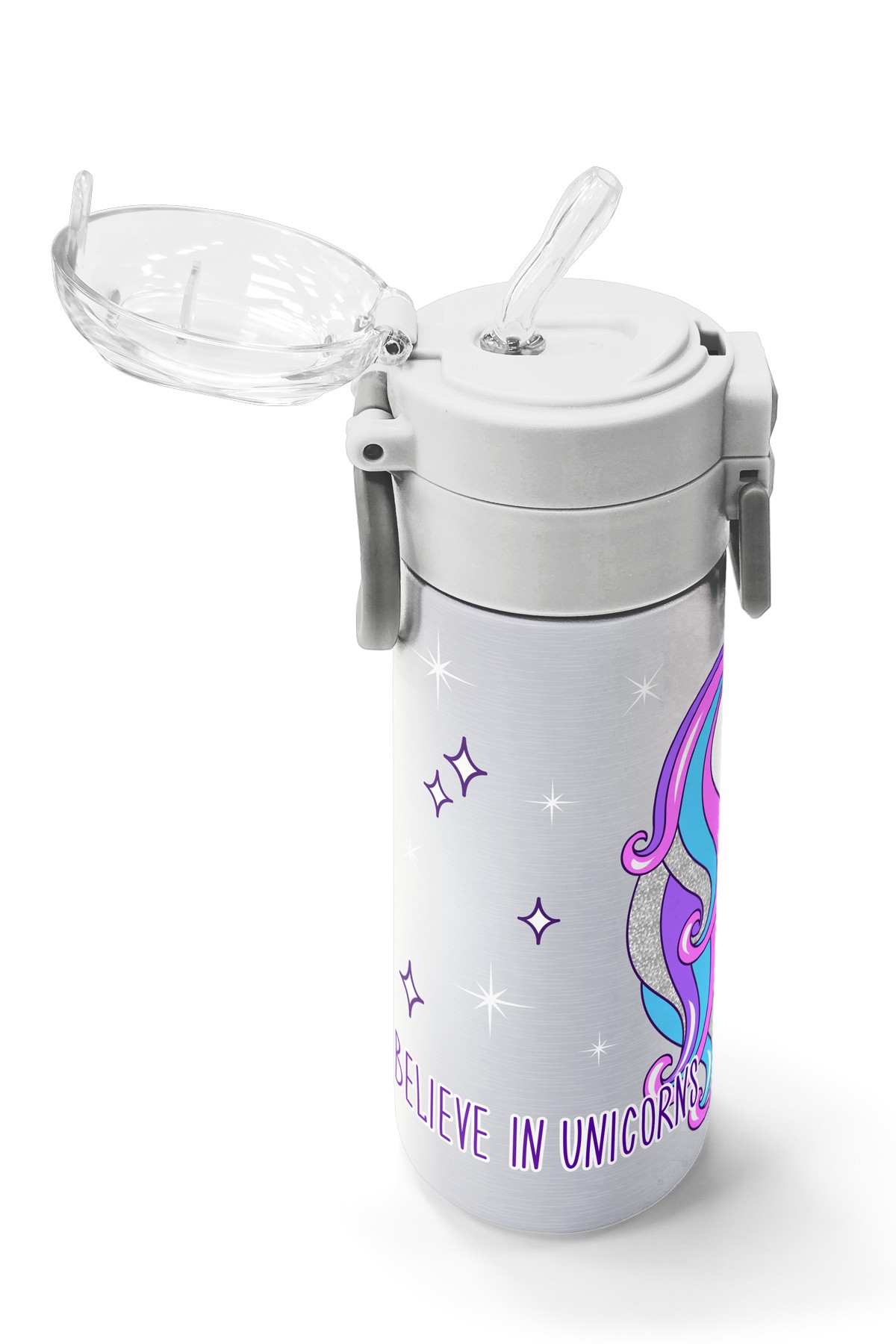 Coral High Kids Pembe Gümüş Unicorn Desenli Pipetli ve Direkt İçim Çelik Termos 500 ml 31821
