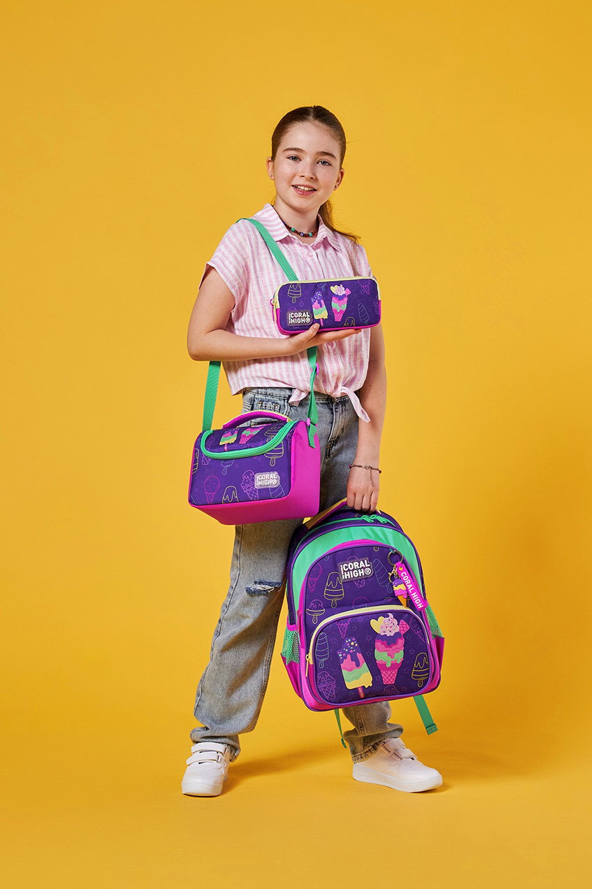 Coral High Kids Mor Pembe Dondurma Desenli 3’lü Okul Çanta Seti SET0123655