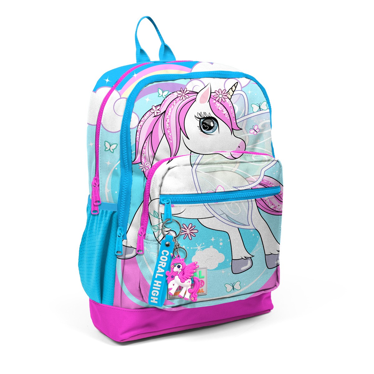 Coral High Kids  Mavi Neon Pembe Unicorn Desenli Dört Bölmeli USB'li Okul Sırt Çantası  23811