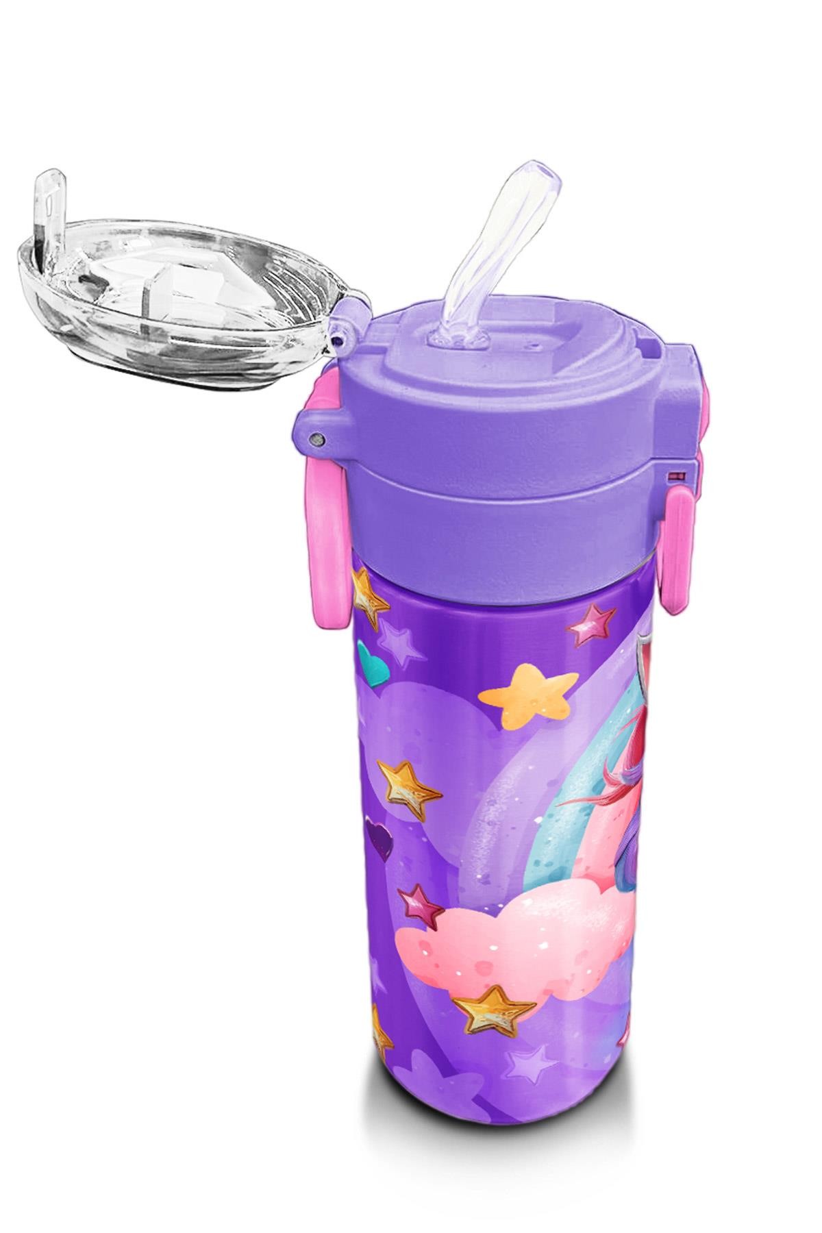 Coral High Kids Mor Pembe Unicorn Dondurma Desenli Pipetli ve Direkt İçim Çelik Termos 500 ml 31859