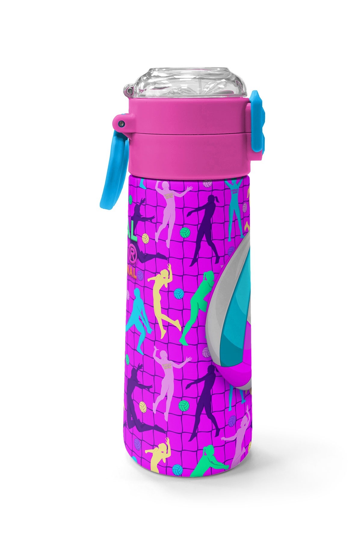 Coral High Kids Pembe Mor Voleybol Desenli Pipetli ve Direkt İçim Çelik Termos 500 ml 31962