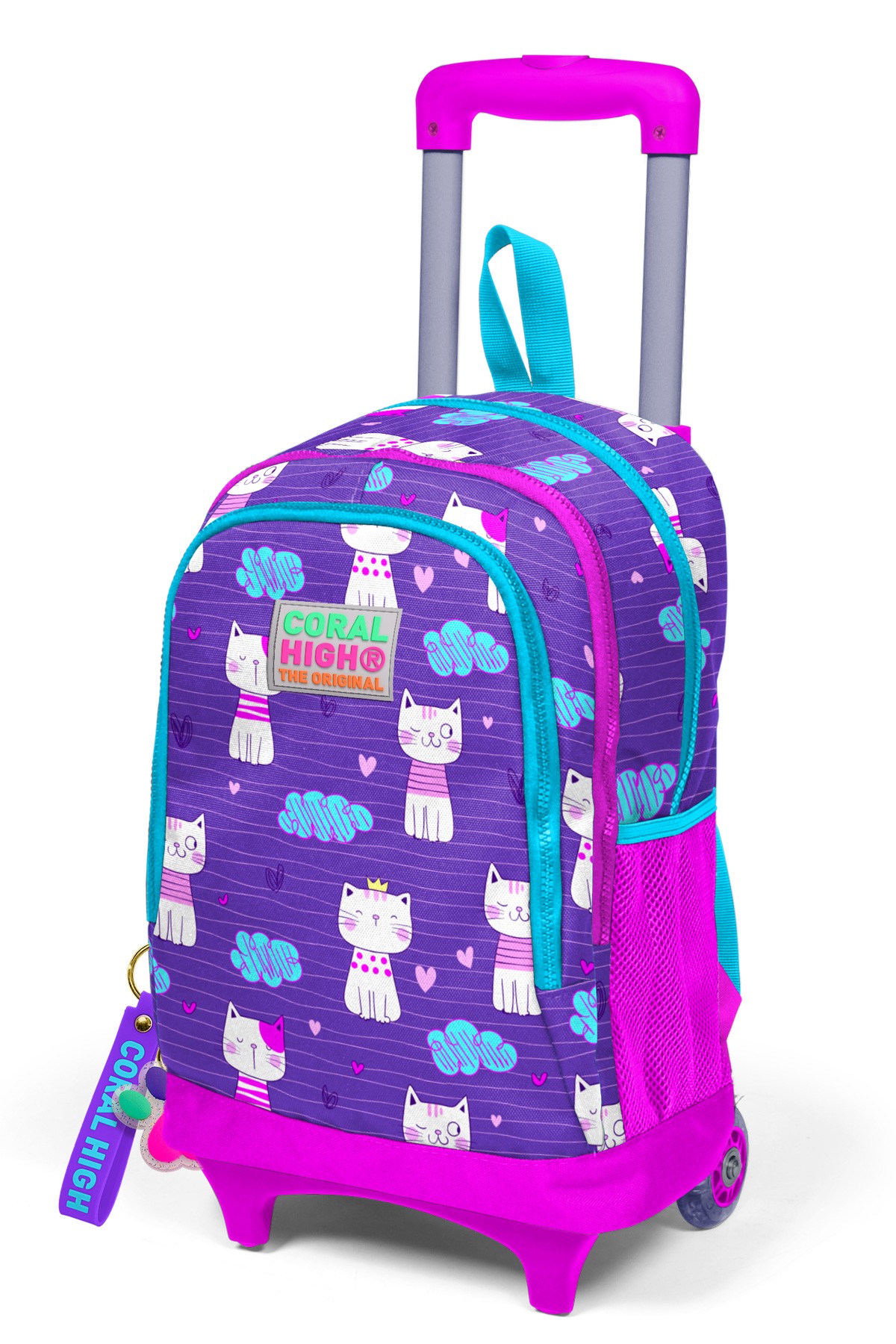 Coral High Kids Mor Pembe Kedi Desenli Üç Bölmeli Çekçekli Okul Sırt Çantası 23360