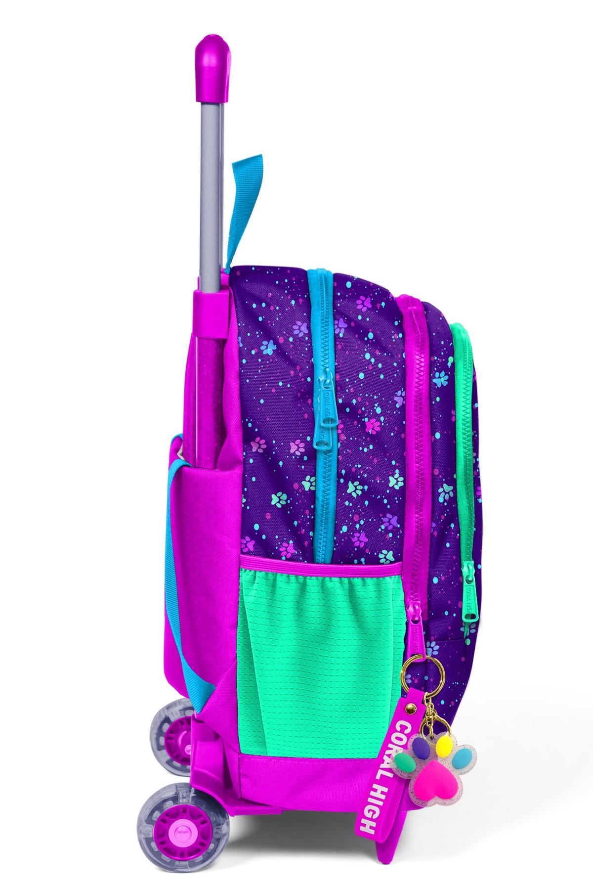 Coral High Kids Mor Pembe Kedi Desenli Üç Bölmeli Çekçekli Okul Sırt Çantası 23932