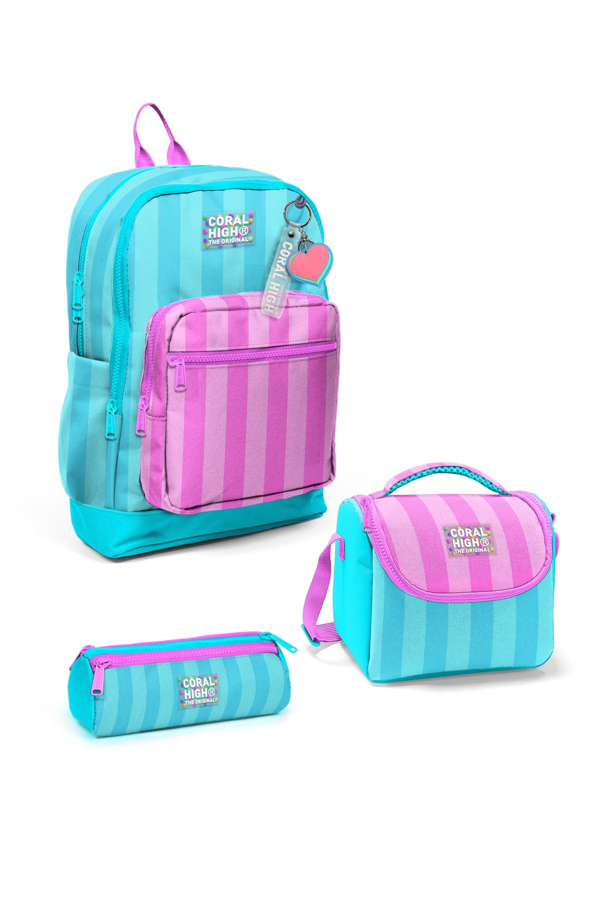Turkuaz Pembe Çizgili 3 lü Okul Çanta Seti SET0123771