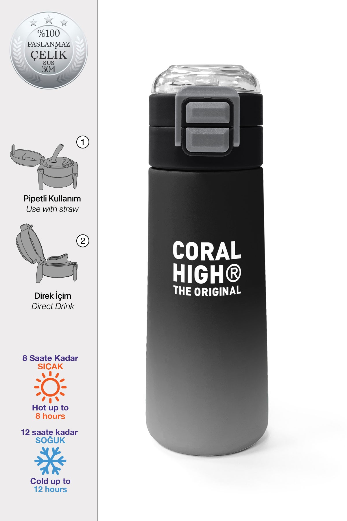 Coral High Kids Siyah Gri Gamer Desenli Pipetli ve Direkt İçim Çelik Termos 500 ml 31853