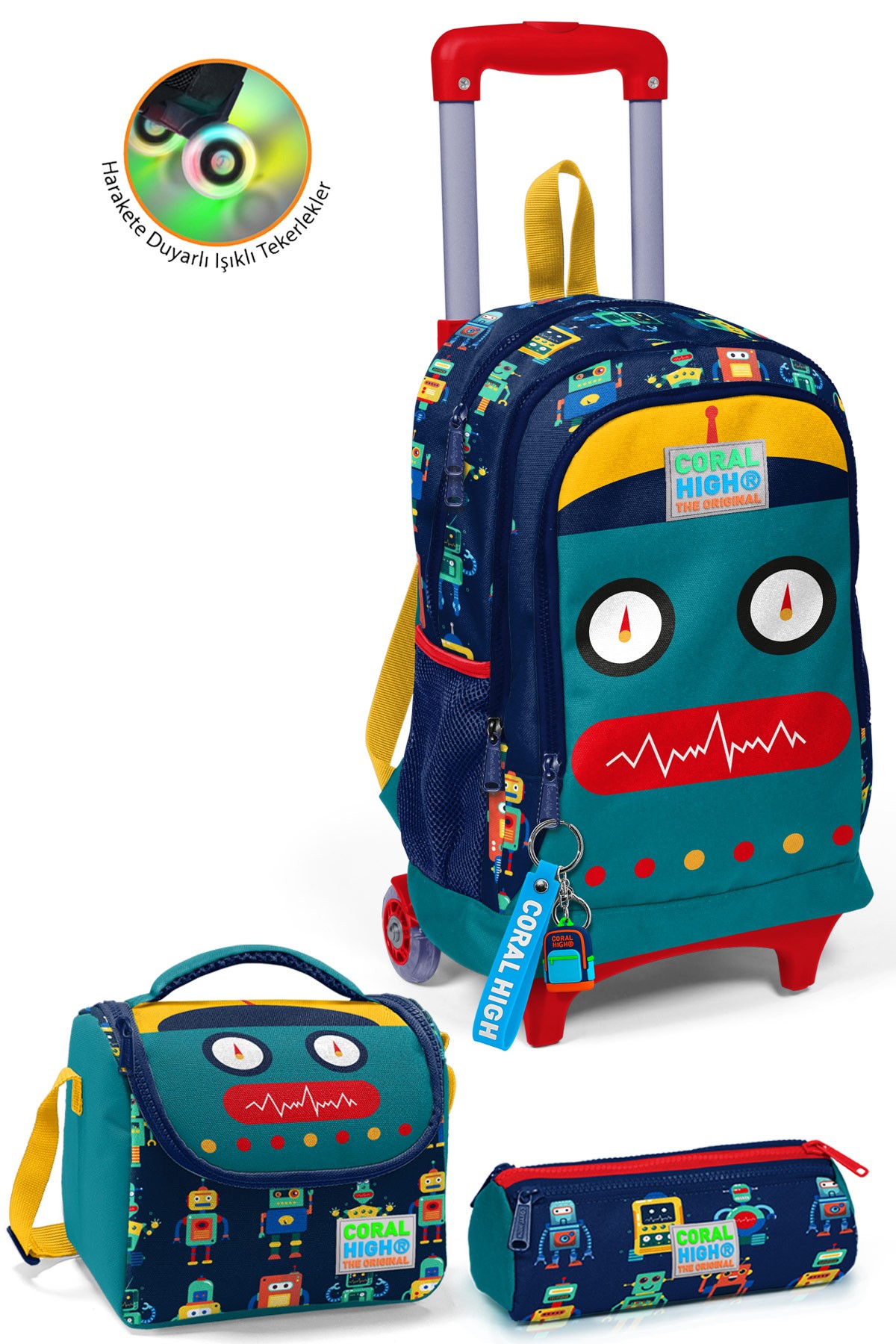 Coral High Kids Lacivert Civit Robot Desenli  Çekçekli 3'lü Çanta Seti SET0123380