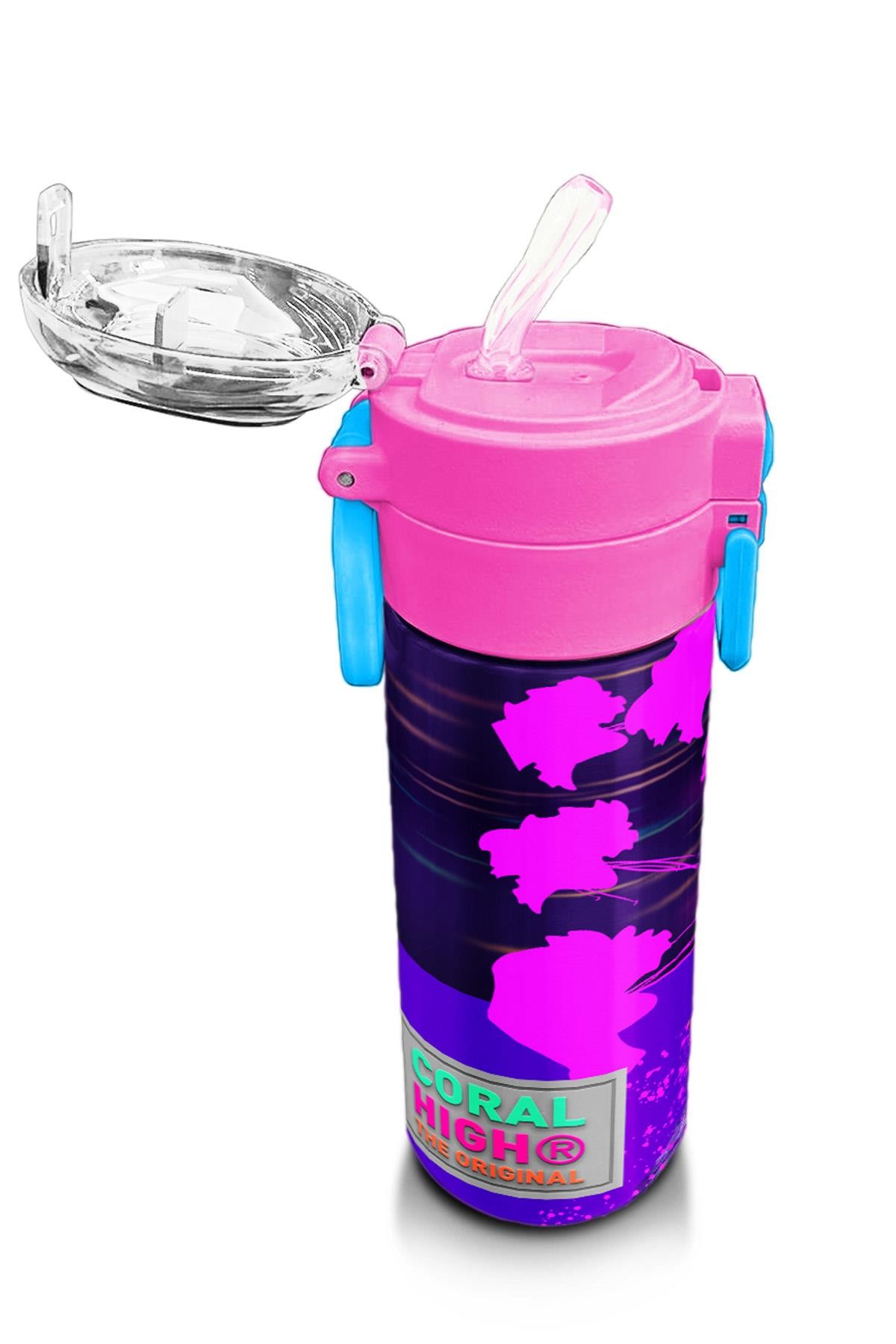 Coral High Kids Mor Pembe Anime Kedi Desenli Pipetli ve Direkt İçim Çelik Termos 500 ml 31954