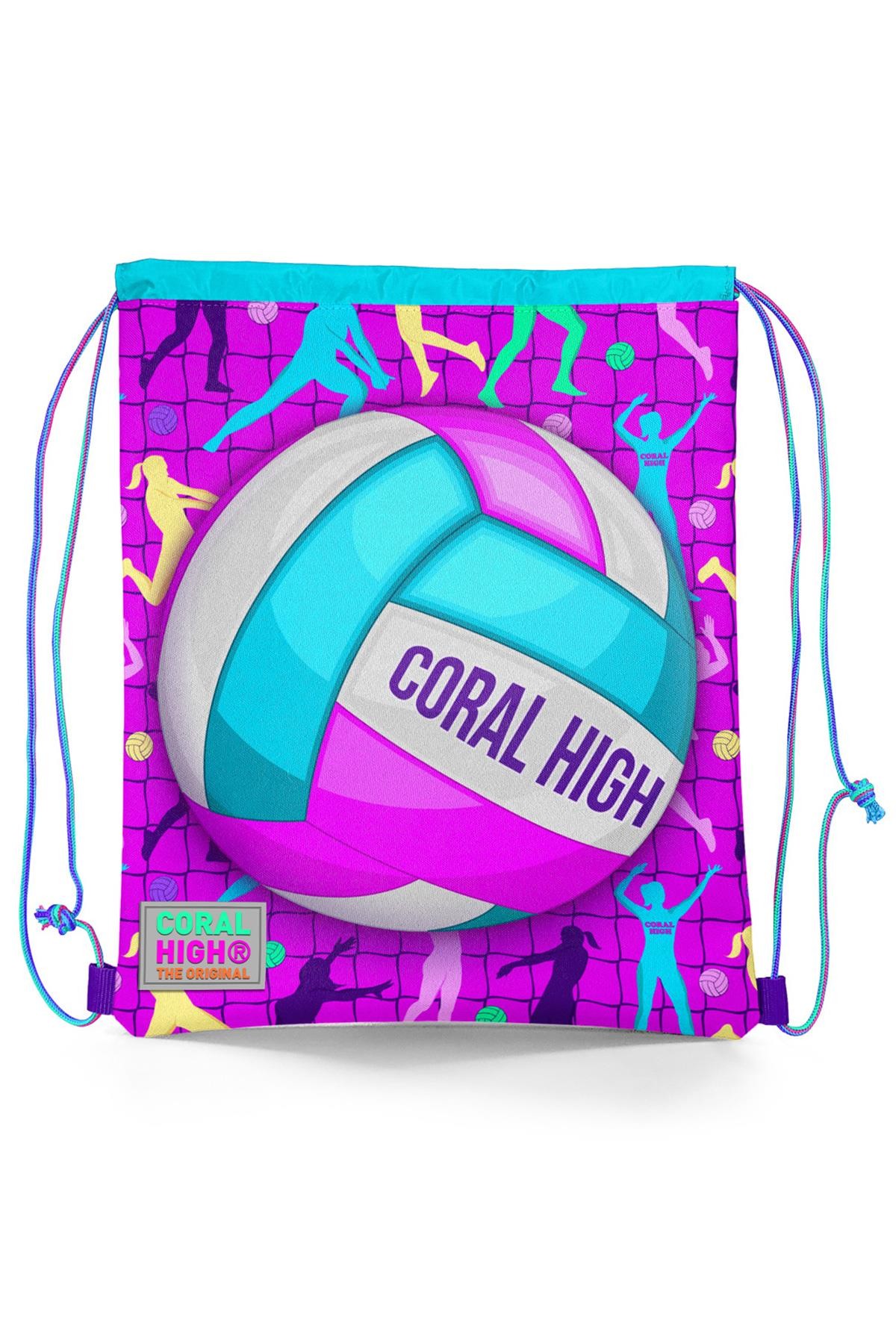 Coral High Kids Pembe Mor Voleybol Desenli İpli Büzgülü Sırt Çantası 12649