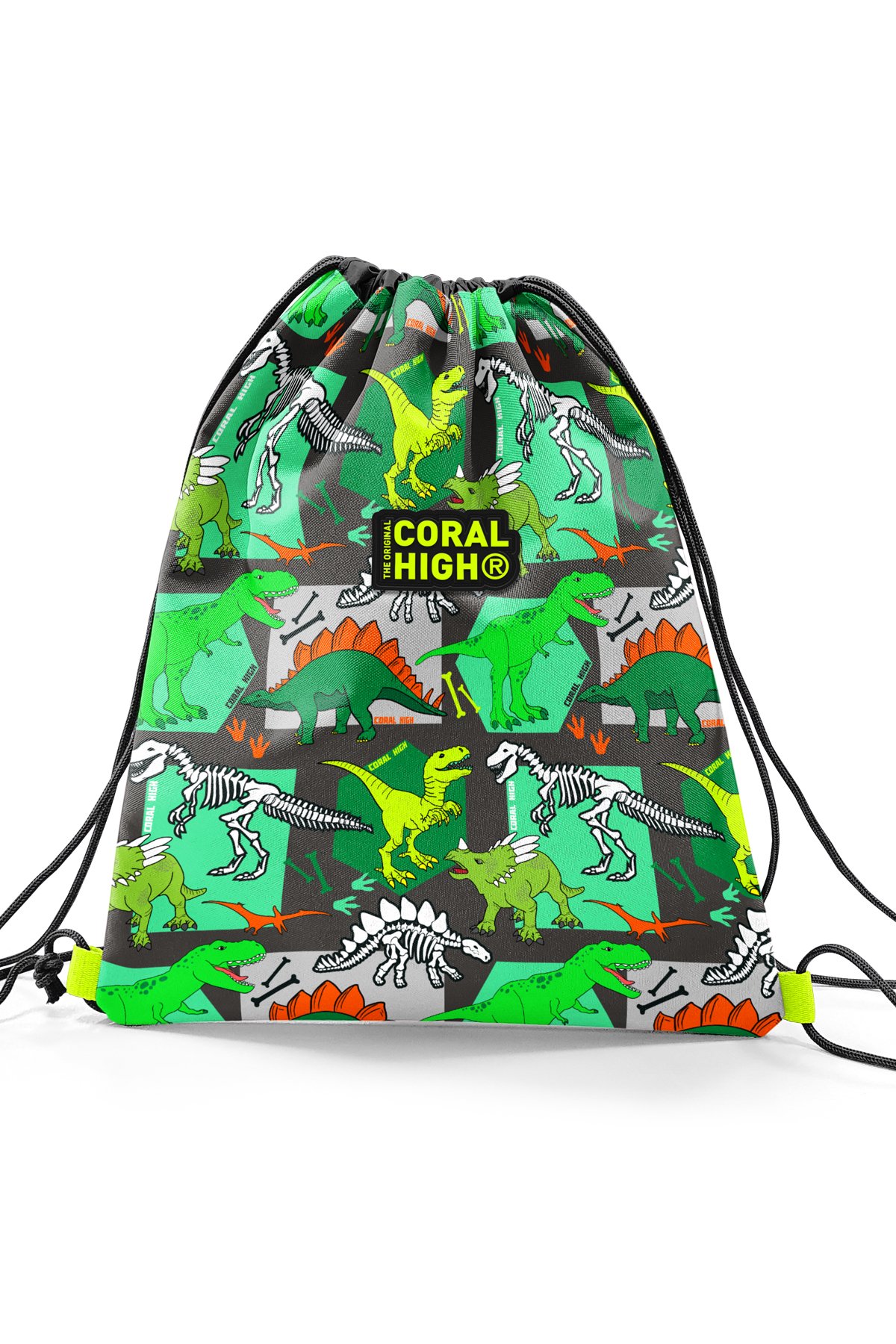 Coral High Kids Gri Yeşil Dinozor Desenli İpli Büzgülü Sırt Çantası 22677